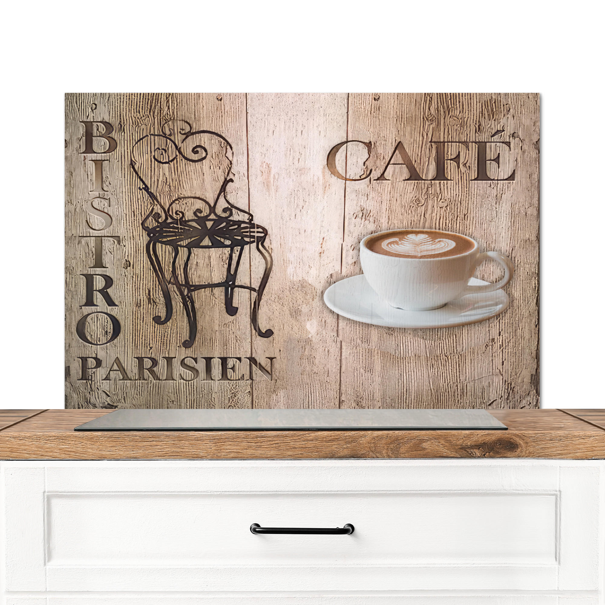 SPRITZSCHUTZ KÜCHE Bistro Parisien - Café - Kaffee - Jahrgang 80x55 cm - Cappuccino, Metall (80/0.3/55cm) - MuchoWow