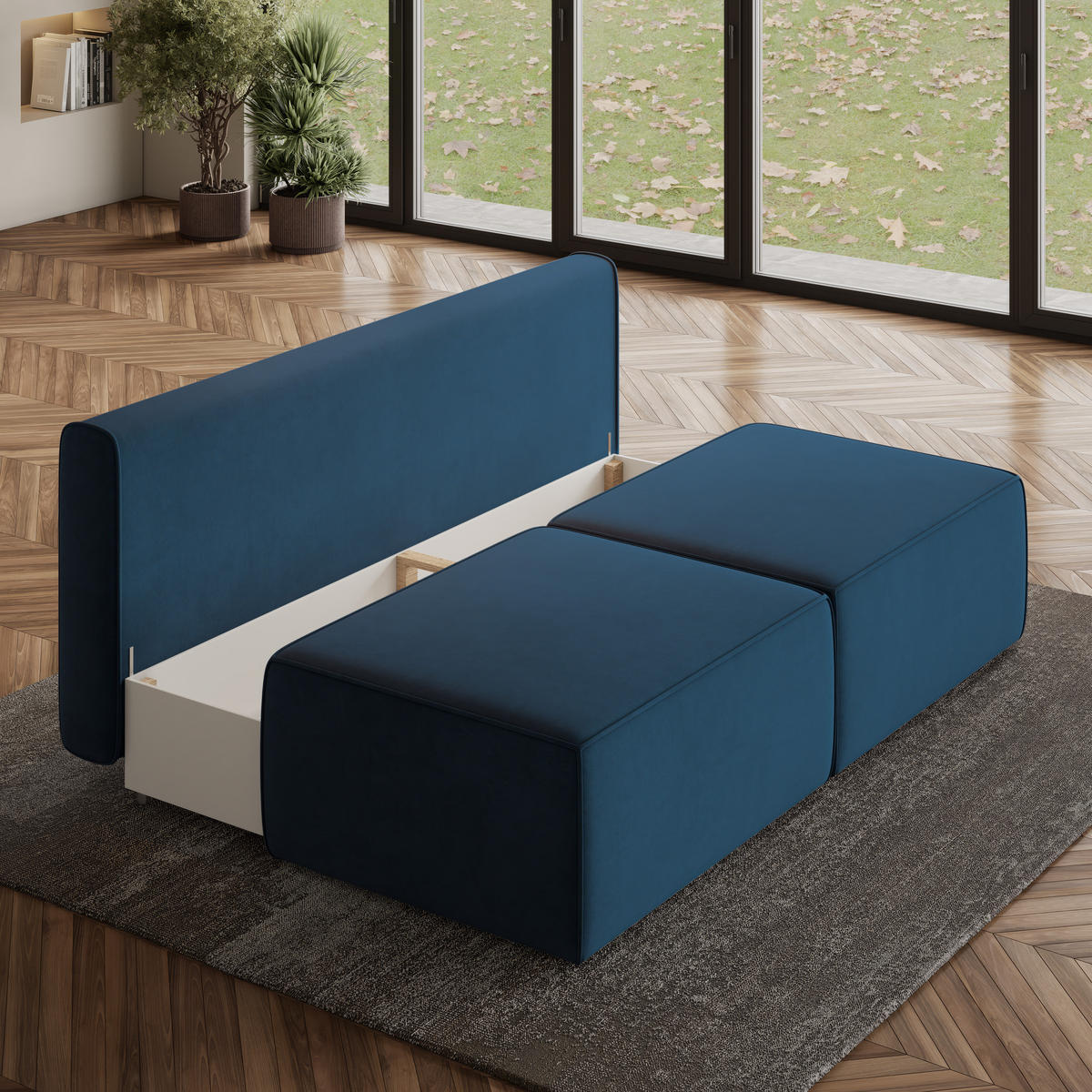 ECKSOFA VARNA M Blau Velours-Stoff mit Schlaffunktion - Blau, Holz (196/158cm) - MASSENO