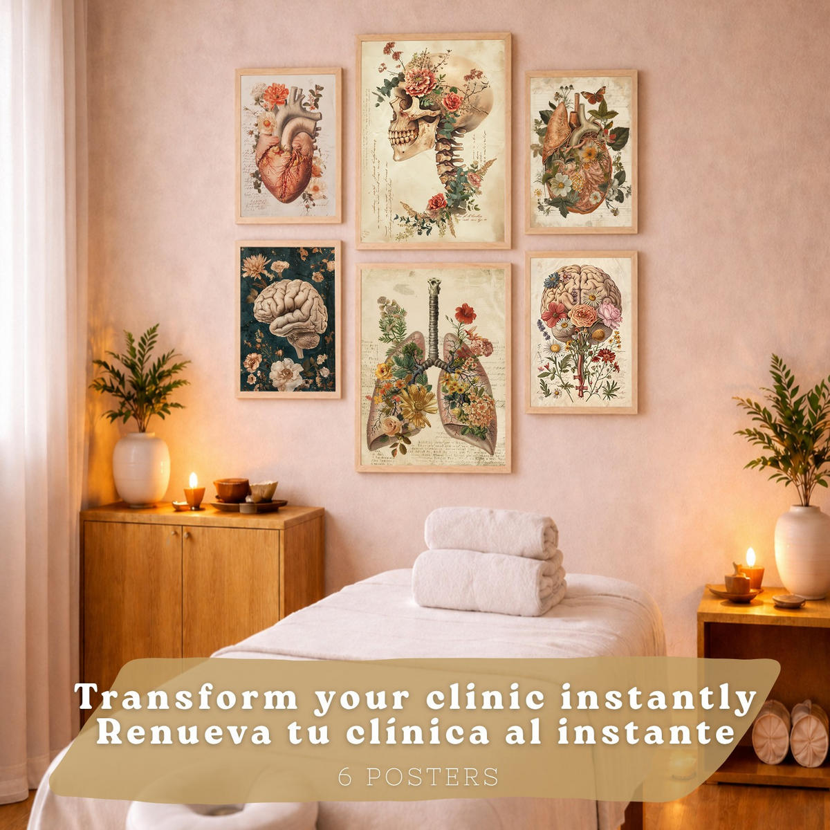 POSTER Set aus 6 Botanische Anatomie Drucke mit Herz Lungen Wirbelsäule Becken und Rippen Beige Terrakotta Erdtöne Florales Design Rahmenlos A3 & A4 - Klar, Papier (29.7/42/3cm) - Nacnic