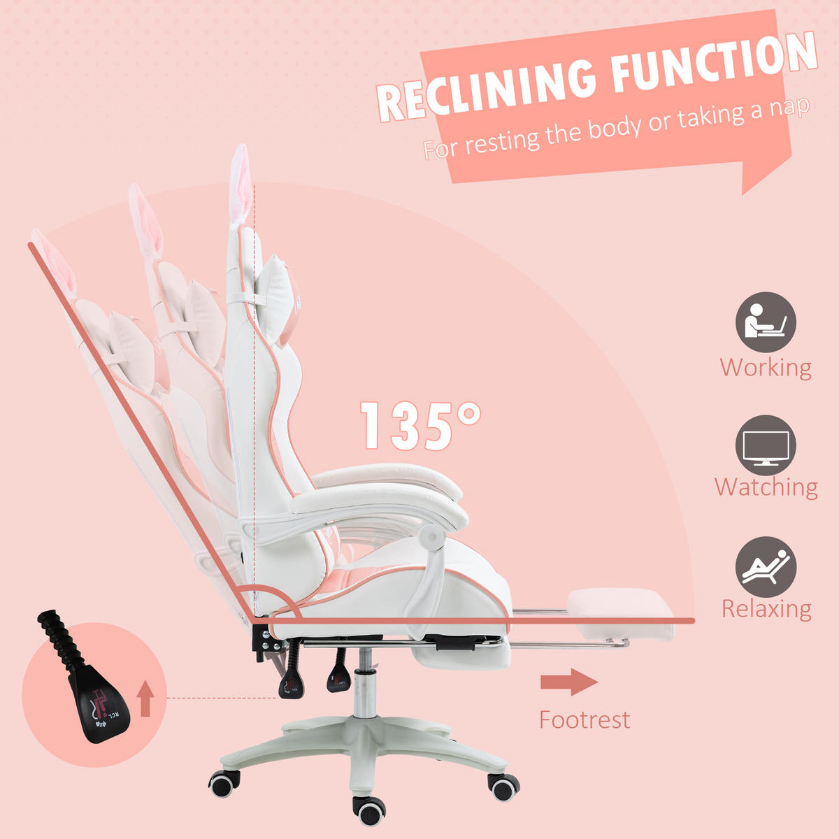 HERNÍ židle Ergonomická herní židle s bederní opěrkou, růžová - růžová, plast (63/142/65cm) - Vinsetto