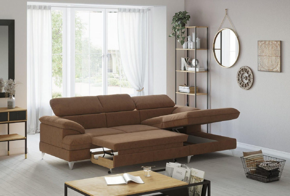 ECKSOFA mit Schlaffunktion und Bettkasten, verstellbare Kopfstützen - Chromfarben/Braun, Textil/Metall (167/254cm) - Cotta