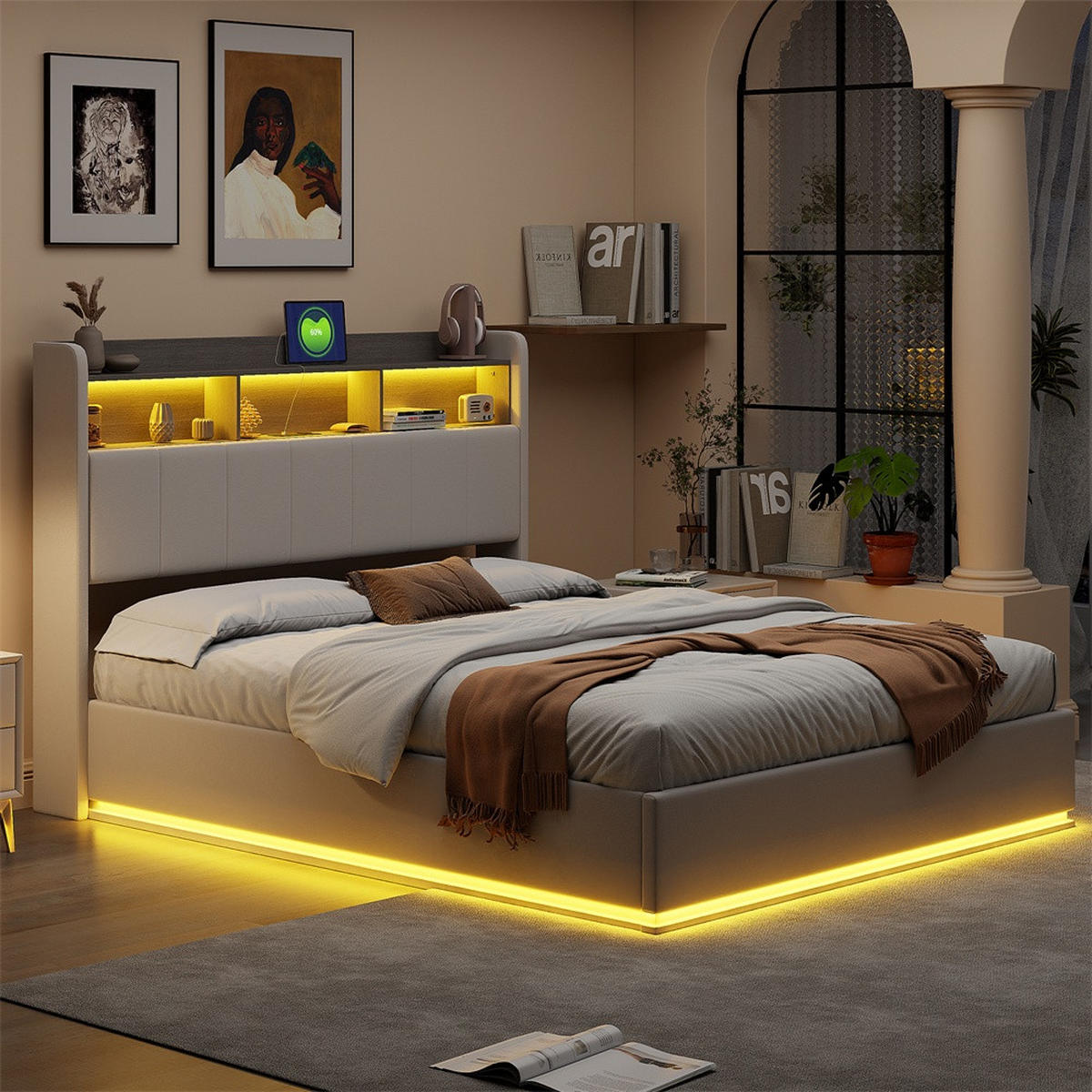 POLSTERBETT 140x200cm - Doppelbett mit RGB-LED-Beleuchtung am Kopfteil und Unterboden Stauraum-Kopfteil - Beige - Beige, Textil (140/200cm) - DELFA