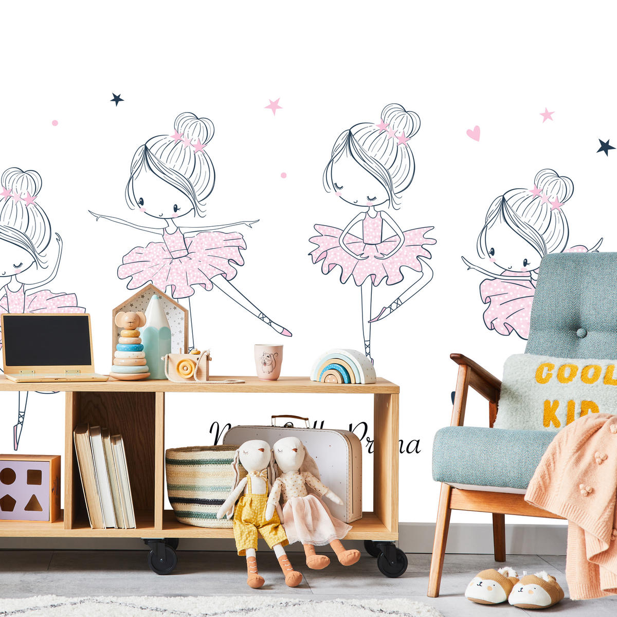 FOTOTAPETE für Kinderzimmer Kleine Ballerinen Tanzen Herzen Sterne 100x70 - Weiß, Papier (100/70cm) - Muralo