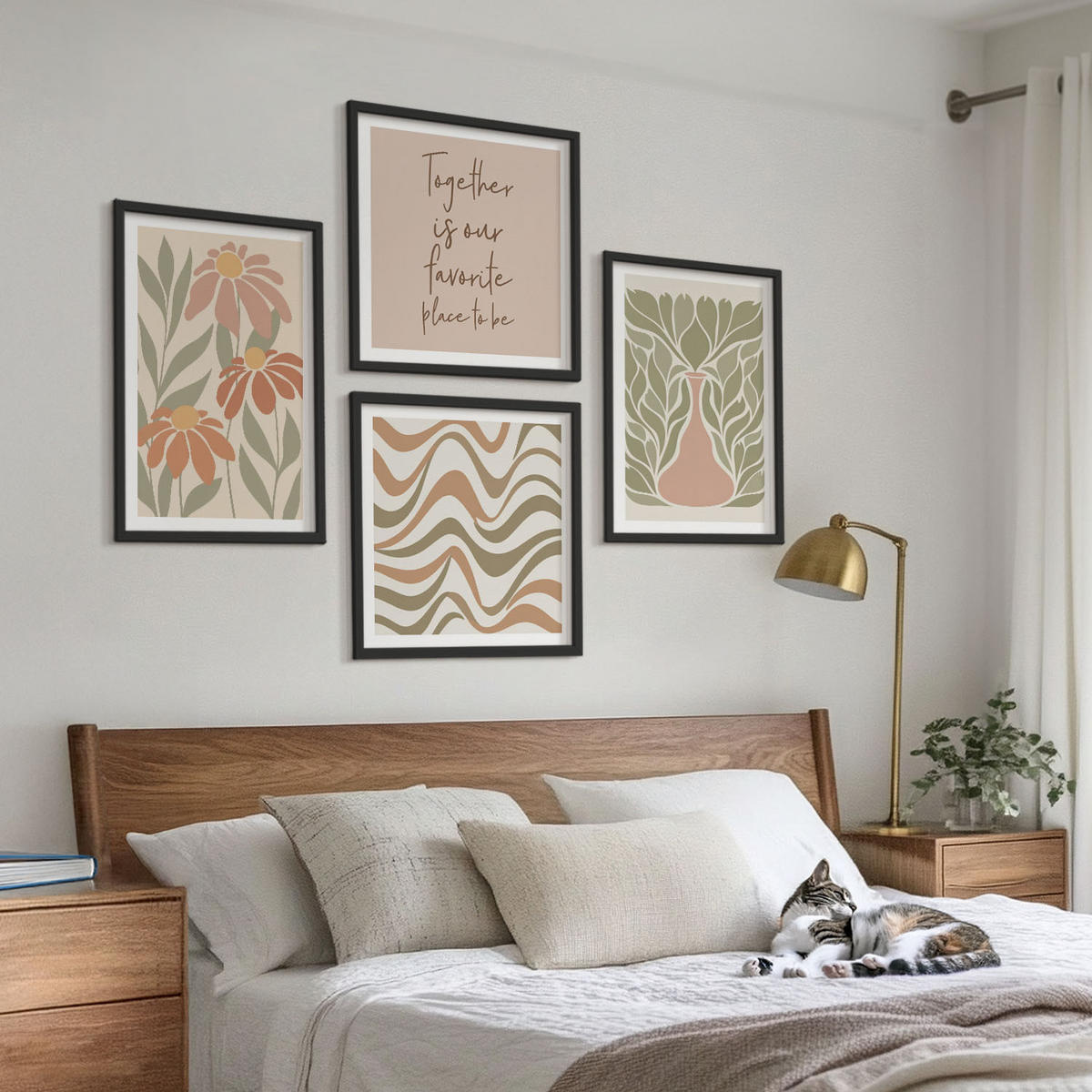 BILDER SET 4er Set - 50x50 cm & 40x60 cm Schwarzer Rahmen - Abstrakte Pastellblumen - Schwarz, Kunststoff (50/50cm) - TULUP