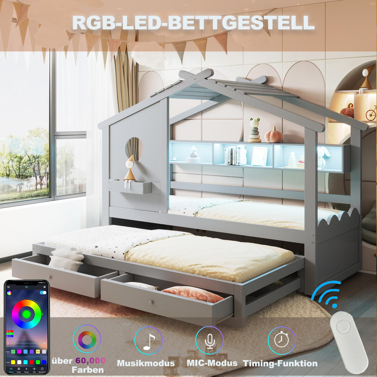 KINDERBETT 90x200 cm Rollbett LED grau - Grau, Holz (90/200cm) - LEBENLANG