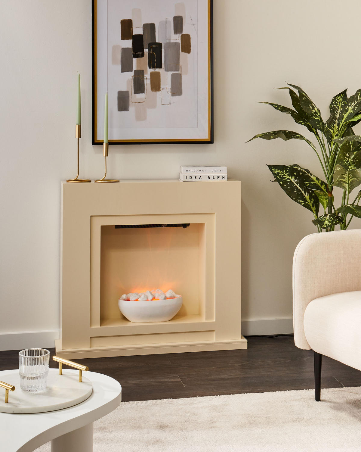 ELEKTROKAMIN Beige Sahara - Beige/Weiß, Holzwerkstoff (90/80/21cm) - Beliani