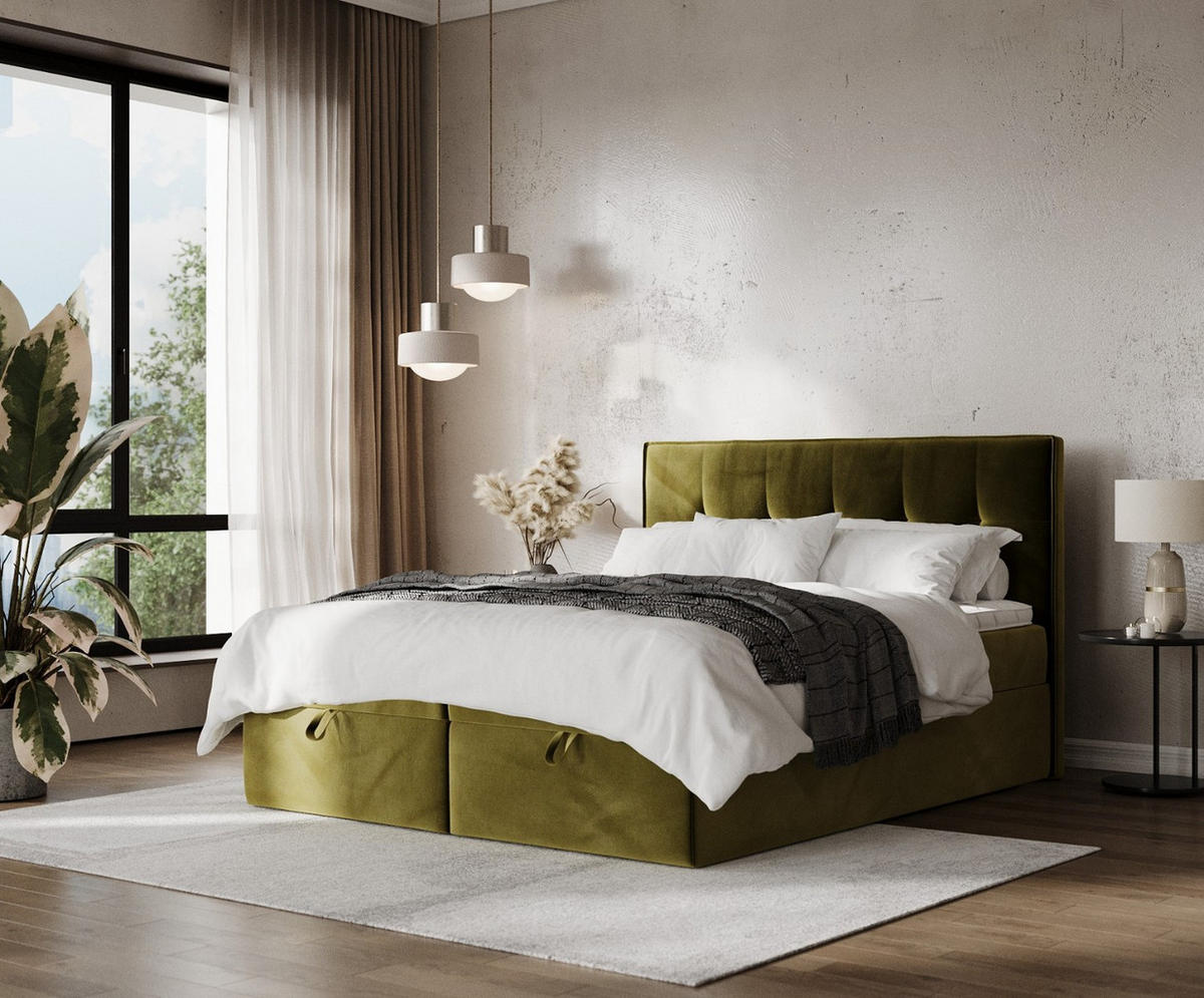 BOXBETT Tivra 200/200 cm Olivgrün im Kronos Stoff - Schwarz/Olivgrün, Holz/Holzwerkstoff (200/200cm) - AltaBeds