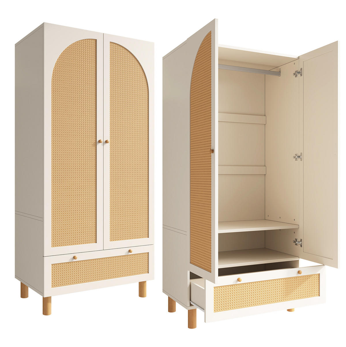 KLEIDERSCHRANK aus Holz 52x85,5x180,5 cm Weiß mit Rattan, Kleiderstange, verstellbaren Regalböden und Schublade - Weiß, Holzwerkstoff (85.5/180.5/52cm) - Modfu