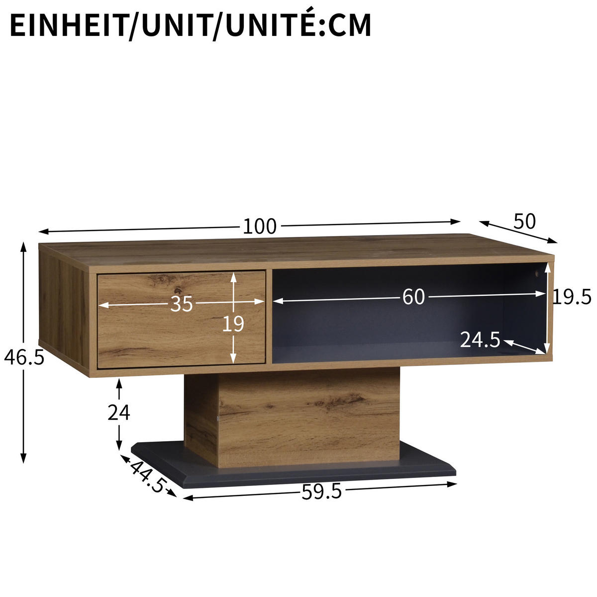 KLUBSKA miza, 100/46,5/50 cm, videz hrasta/siva, z obojestranskim shranjevanjem - siva, leseni material (100/50/46.5cm) - BEAOK