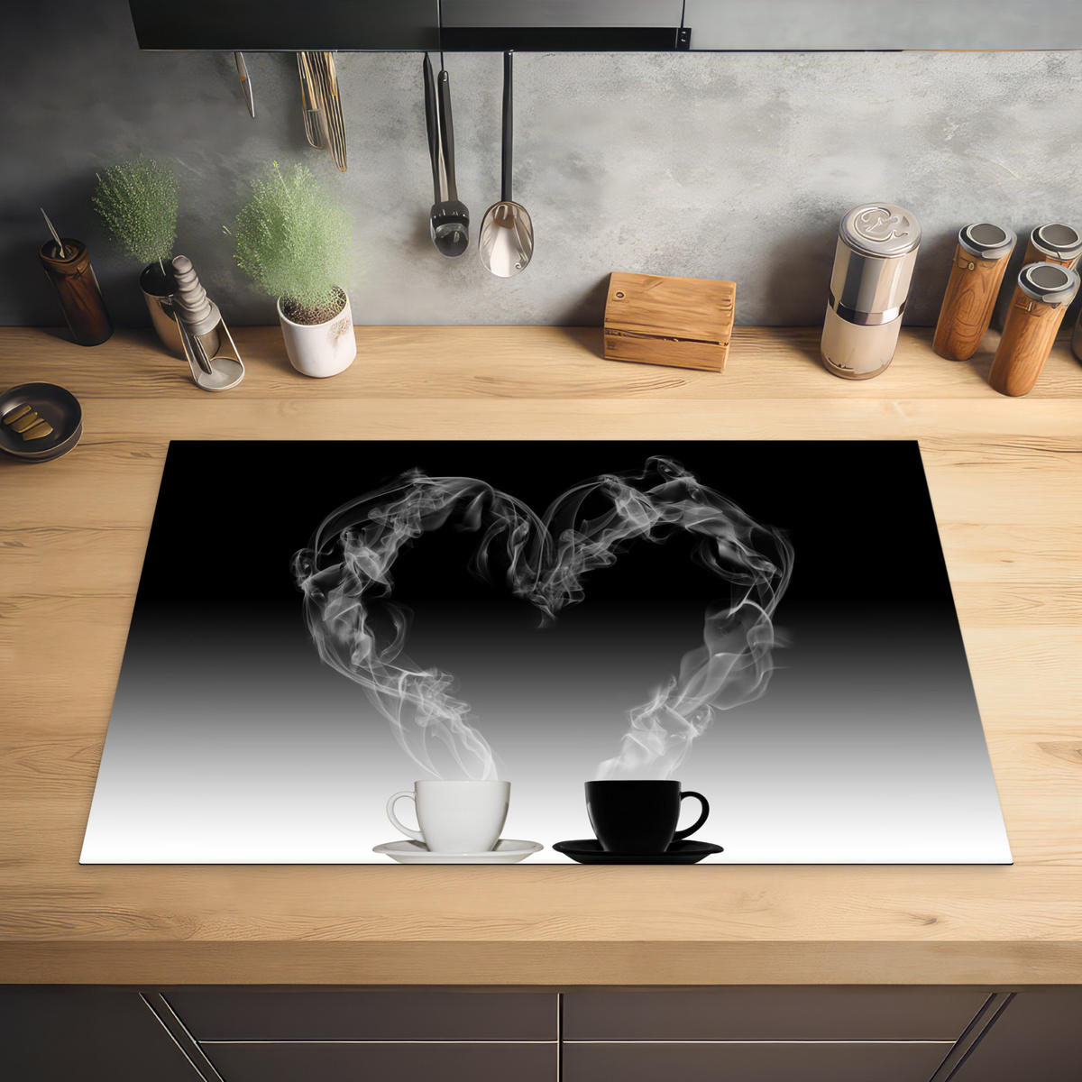HERDABDECKPLATTE Kaffee - Herz - Schwarz und weiß - Tassen 81x52 cm - Weiß, Kunststoff (81.6/0.2/52.7cm) - MuchoWow