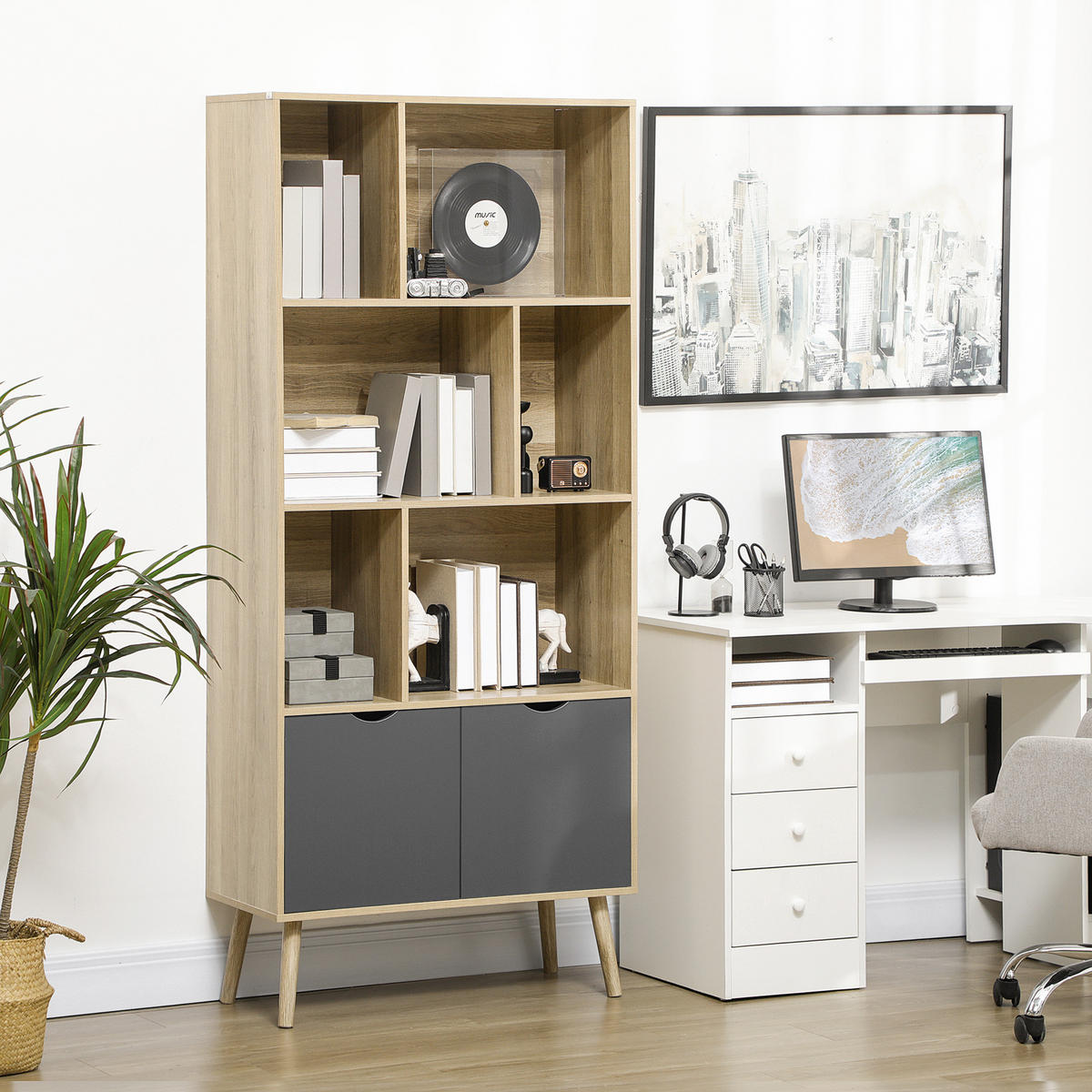 REGAL DE-15490 80/35/180 cm, 6 Ebenen + 1 Tür Natur/Dunkelgrau - Naturfarben, Holzwerkstoff (80/180/35cm) - ComfortXL