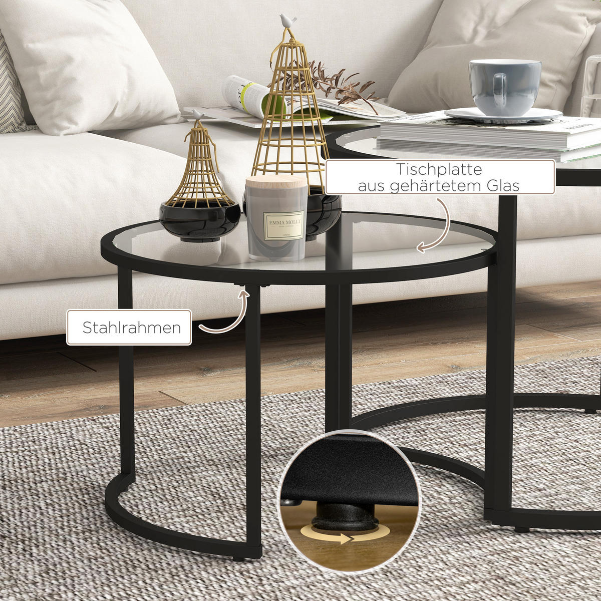 COUCHTISCH 2er-Set, Beistelltisch mit Stahlgestell, Kaffeetisch, Schwarz - Schwarz, Glas/Metall (70/70/47.5cm) - HOMCOM