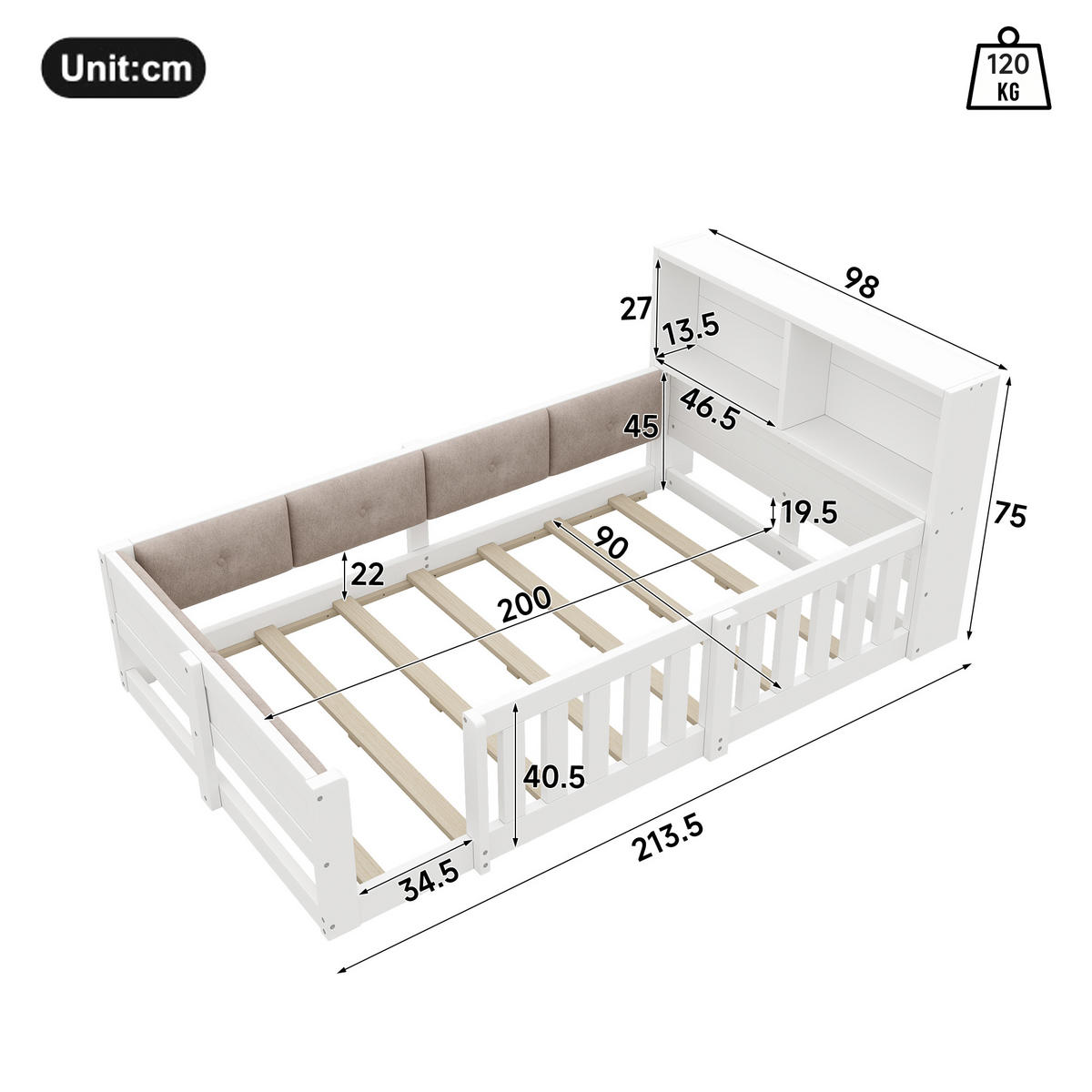 FLACHBETT 90x200cm Gitter Kinderbett LED Weiß - Weiß, Holzwerkstoff (90/200cm) - FLIEKS