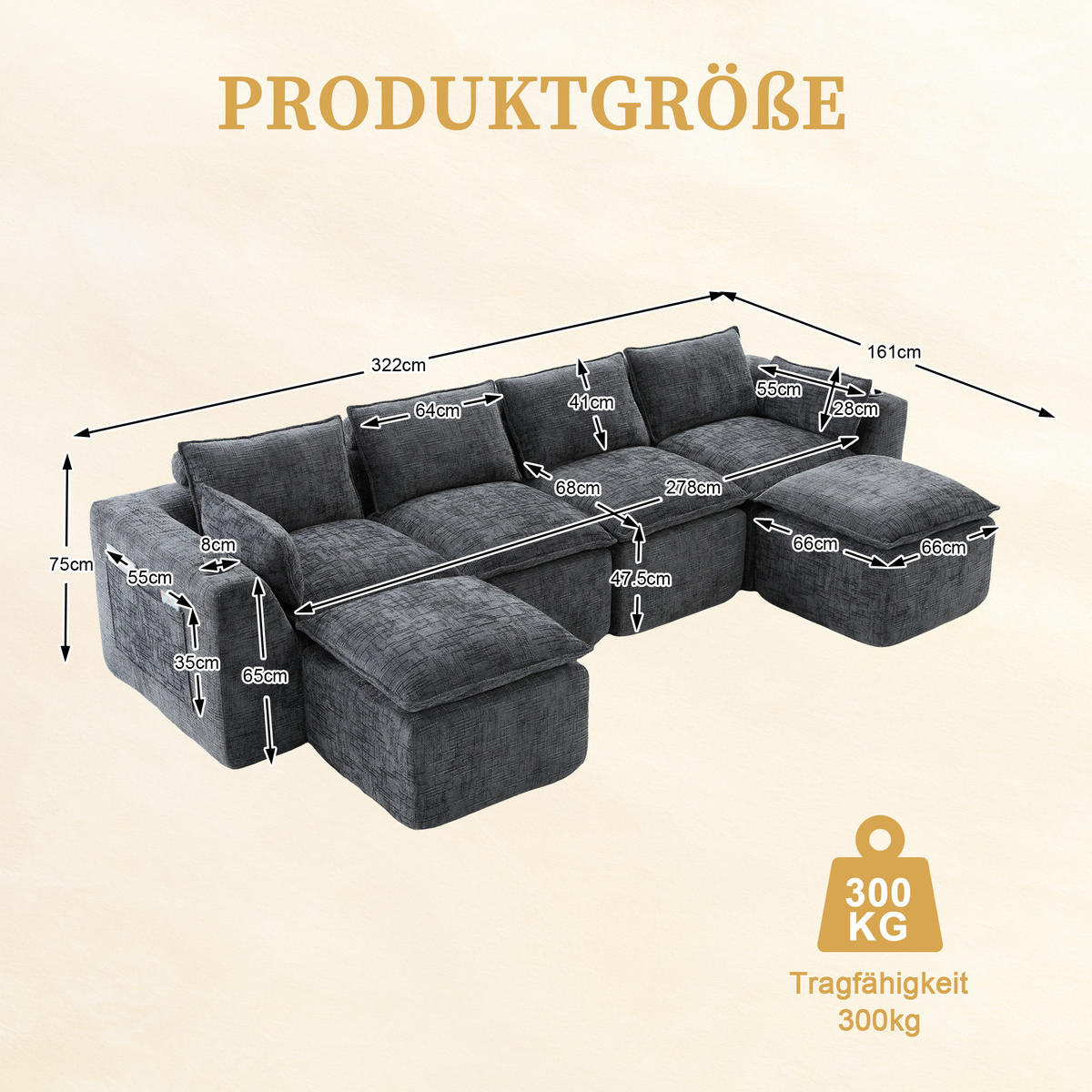 WOHNLANDSCHAFT DE-33951 modular mit 2 Fußhockern Grau - Dunkelgrau, Textil (161/75/332cm) - ComfortXL