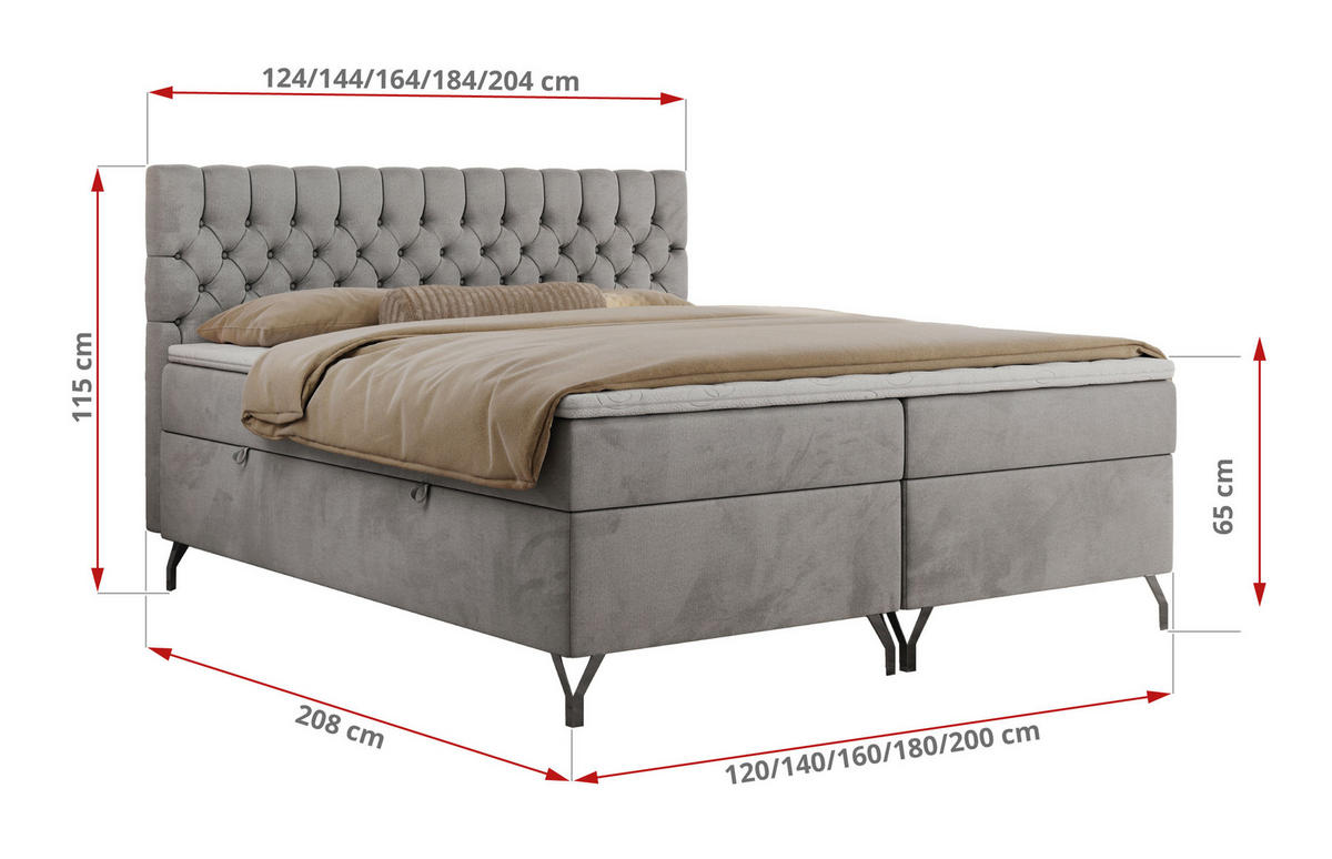 BOXBETT GRIMALDI 180/200 Hellgrau Velvet - H4 - Hellgrau, Holz/Textil (180/200cm) - MKS