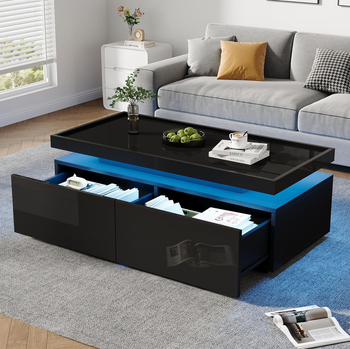 COUCHTISCH 95/45/35 cm mit LED-Beleuchtung, 2 Schubladen und halboffener Ablage, Hochglanz-Spanplatte, Schwarz - Schwarz, Holzwerkstoff (95/45/35cm) - Redom