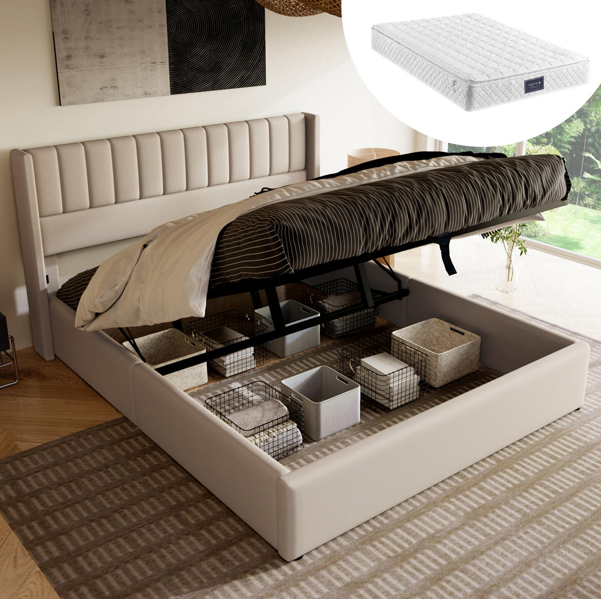 POLSTERBETT 140/200 cm Beige aus Leinen mit Bettkasten und Matratze - Beige, Textil (140/200cm) - OKMYHOME