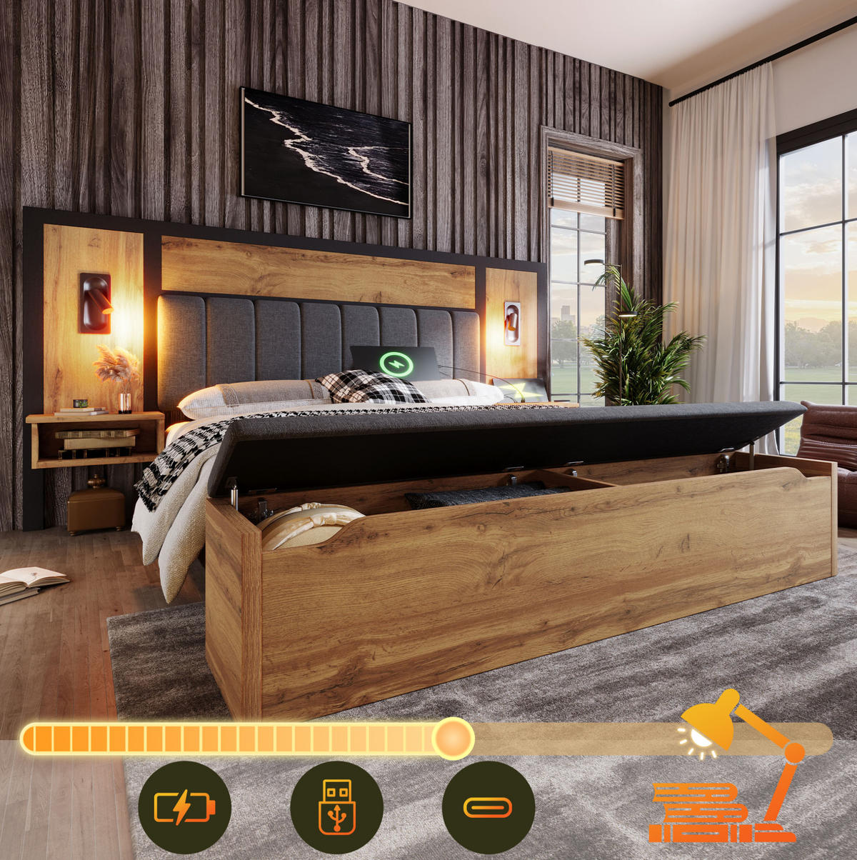 BETT mit Nachttischen und Stauraumbank 160x200 cm Eiche - Braun, Holzwerkstoff (160/200cm) - Beauniv