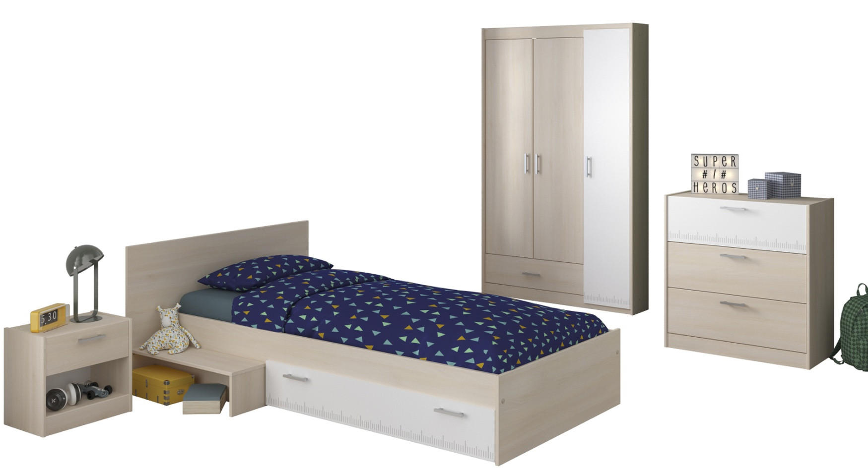 JUGENDZIMMER Set 4-tlg Kleiderschrank Kommode Bett 90 x 200 cm - Silberfarben/Weiß, Holz/Holzwerkstoff (90/179/200cm) - Parisot Meuble