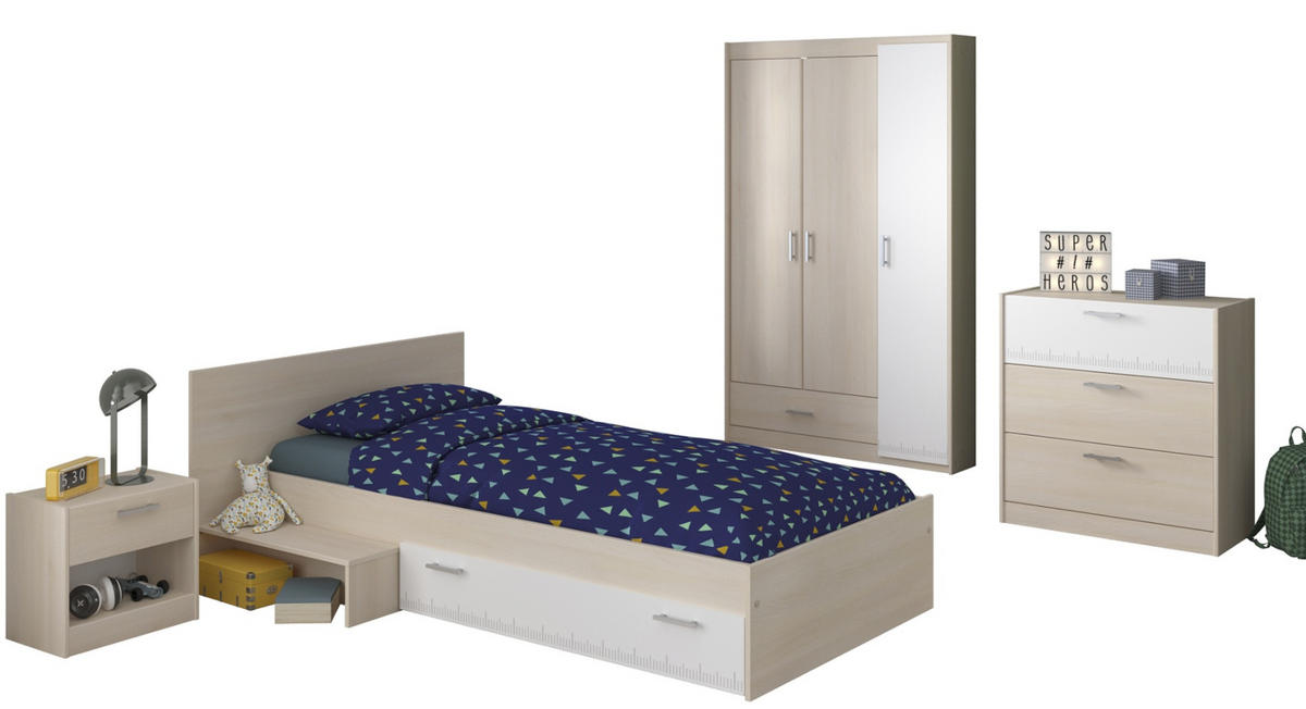 JUGENDZIMMER Set 4-tlg Kleiderschrank Kommode Bett 90 x 200 cm - Silberfarben/Weiß, Holz/Holzwerkstoff (90/179/200cm) - Parisot Meuble