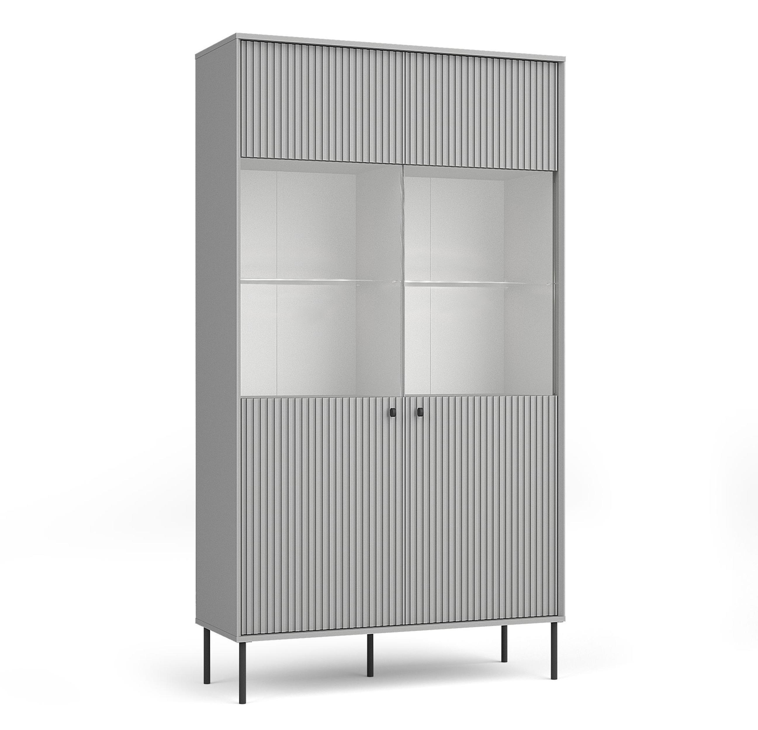 VITRINE Irelis 2T Grau 105,4/192,6/41 cm – mit geriffelten Fronten und Glastüren, mit schwarzen Beinen - Schwarz/Grau, Holzwerkstoff/Metall (105.4/192.6/41cm) - AX Living
