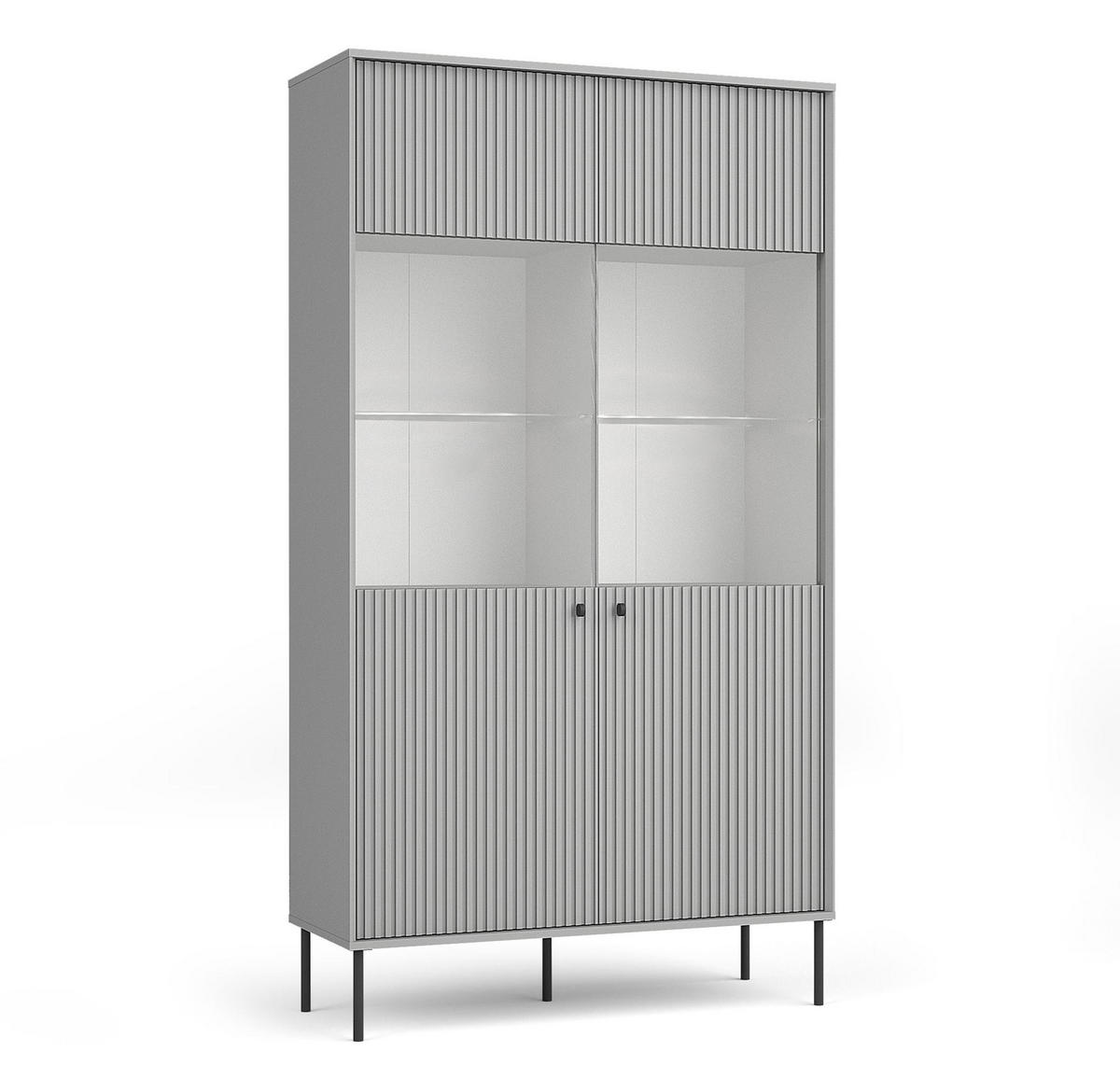 VITRINE Irelis 2T Grau 105,4/192,6/41 cm – mit geriffelten Fronten und Glastüren, mit schwarzen Beinen - Schwarz/Grau, Holzwerkstoff/Metall (105.4/192.6/41cm) - AX Living