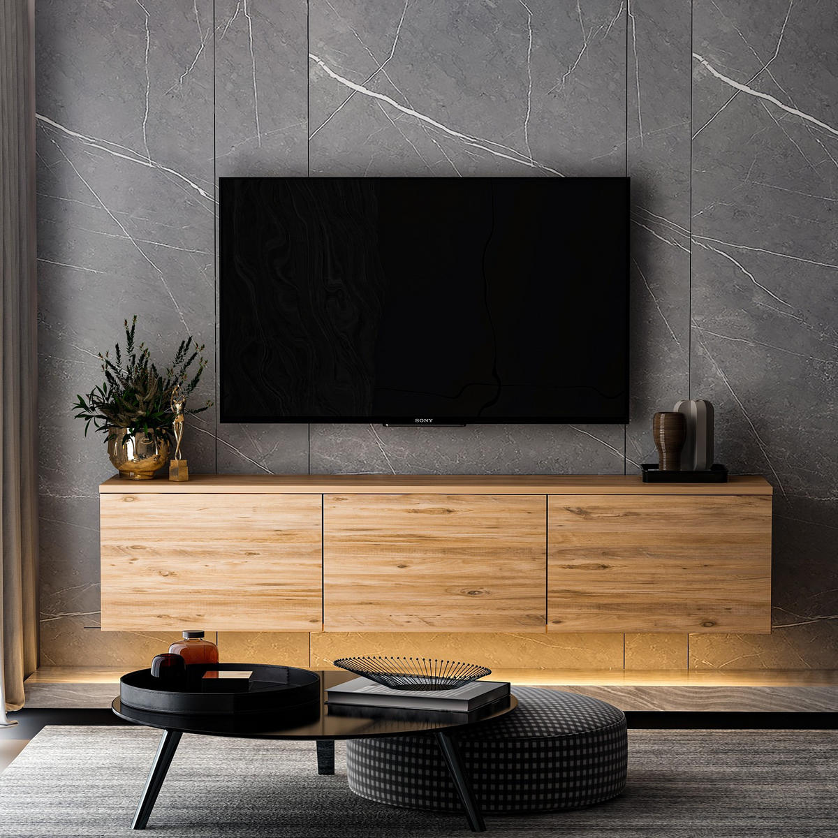 TV-MÖBEL Neon Illuminated Hängend Braun - Braun, Holz (160/35/32cm) - Habitat Garten