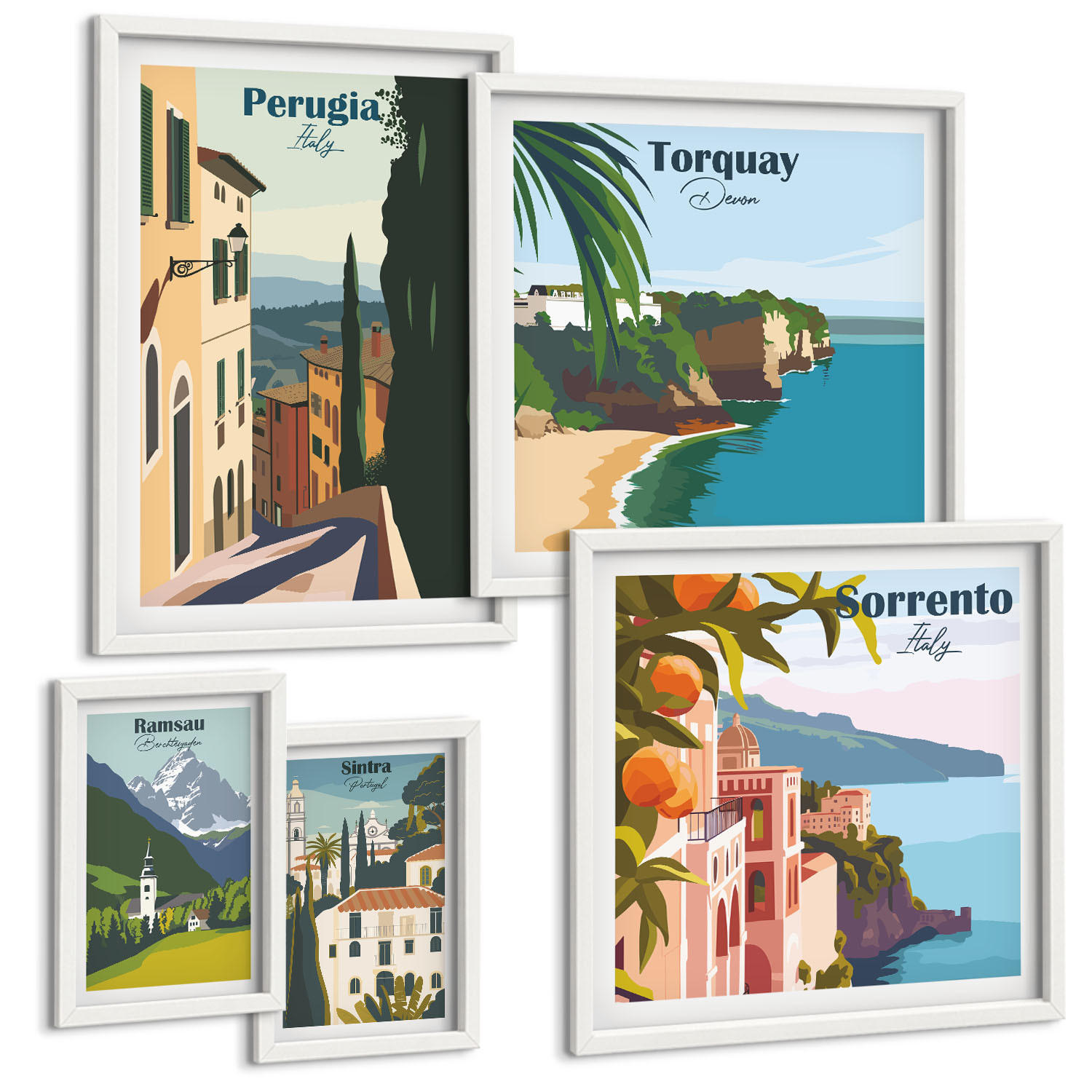 BILDER SET 5er Set - 50x50 cm & 20x30 cm & 40x60 cm Weißer Rahmen - Ansichten europäischer Häfen - Weiß, Kunststoff (40/60cm) - TULUP