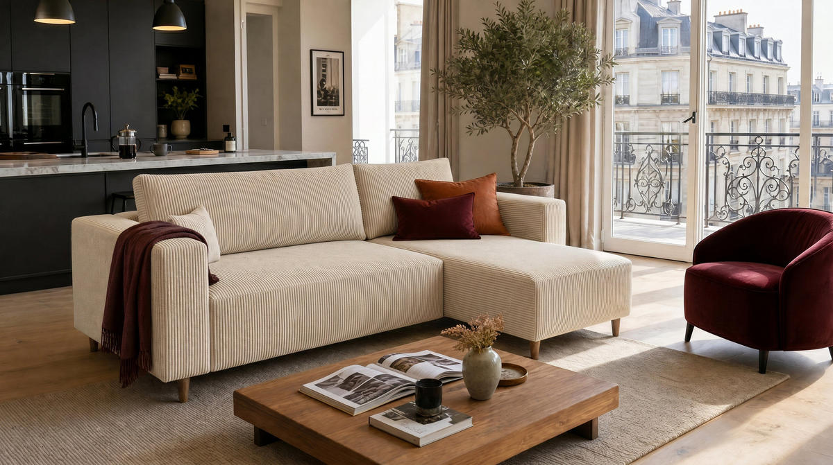 ECKSOFA mit Schlaffunktion und Bettkasten Rio, Ecksofa Cordstoff Creme, Ottomane Universal, 249x142 cm - Creme, Textil (249/142cm) - Marpur