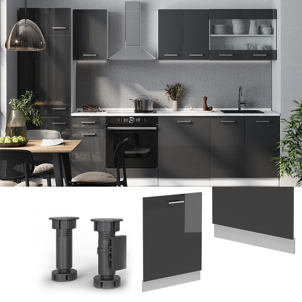 SPREDNJA PLOŠČA POMIVALNEGA STROJA R-Line Antracit z visokim sijajem 60 cm , DP Hrast - črna/bela, leseni material (60/81.8/1.6cm) - Vicco