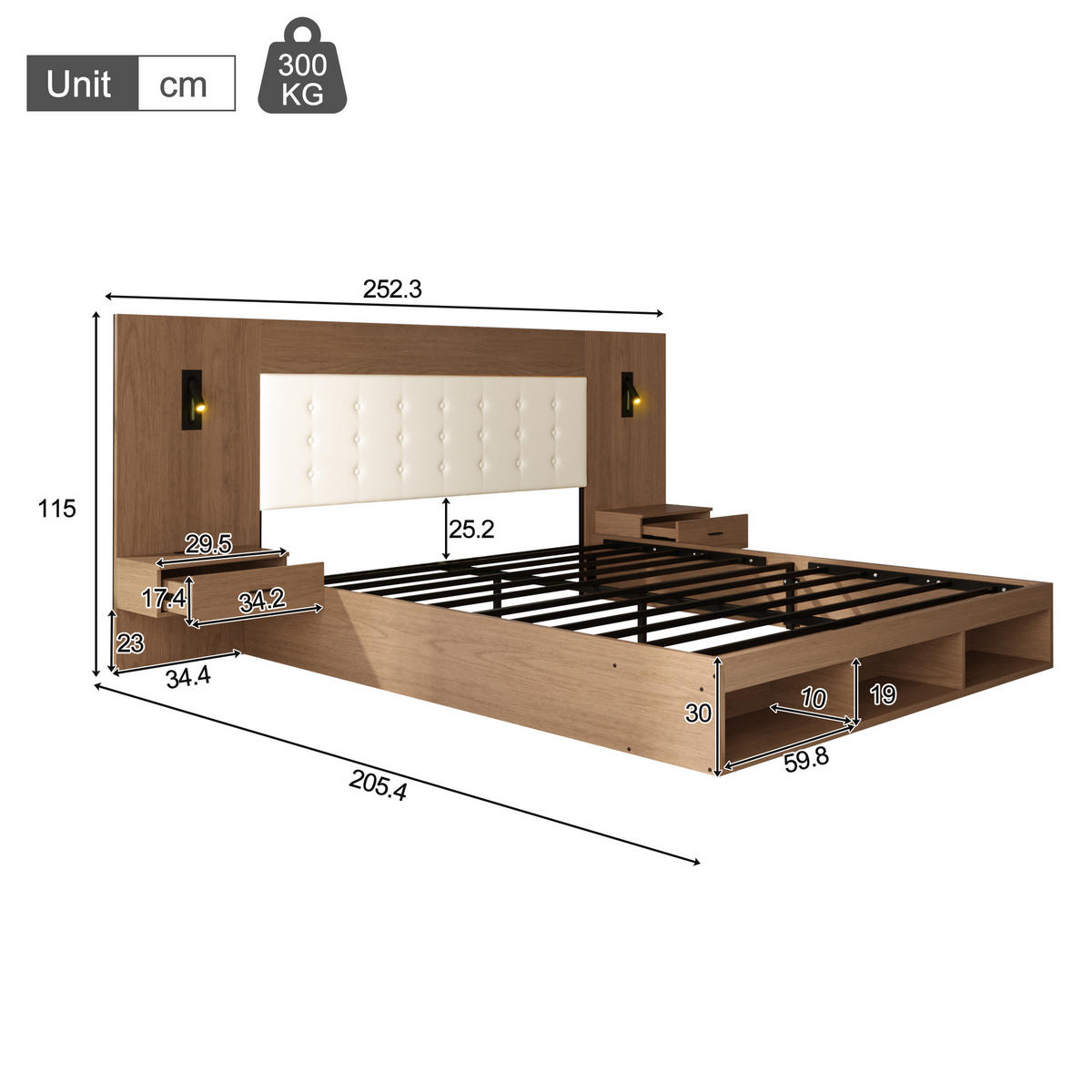 BETT 180/200 cm in Walnuss mit Ablagen, Leselampen und USB/Type-C MDF-Design - Walnussfarben, Holzwerkstoff/Metall (180/200cm) - STILVORA