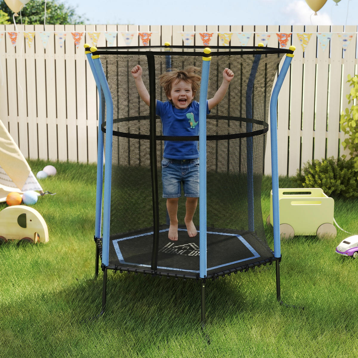TRAMPOLIN DE-10779 mit Sicherheitsnetz Ø163,5 cm Schwarz & Blau - Blau, Metall (163.5/163.5cm) - ComfortXL