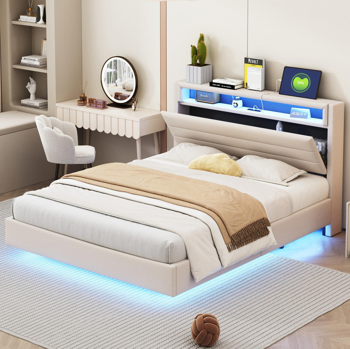 ČALÚNENÁ posteľ z látky 140x200 cm béžová s USB portom, LED osvetlením a úložným čelom - béžová, textil (140/200cm) - Modfu
