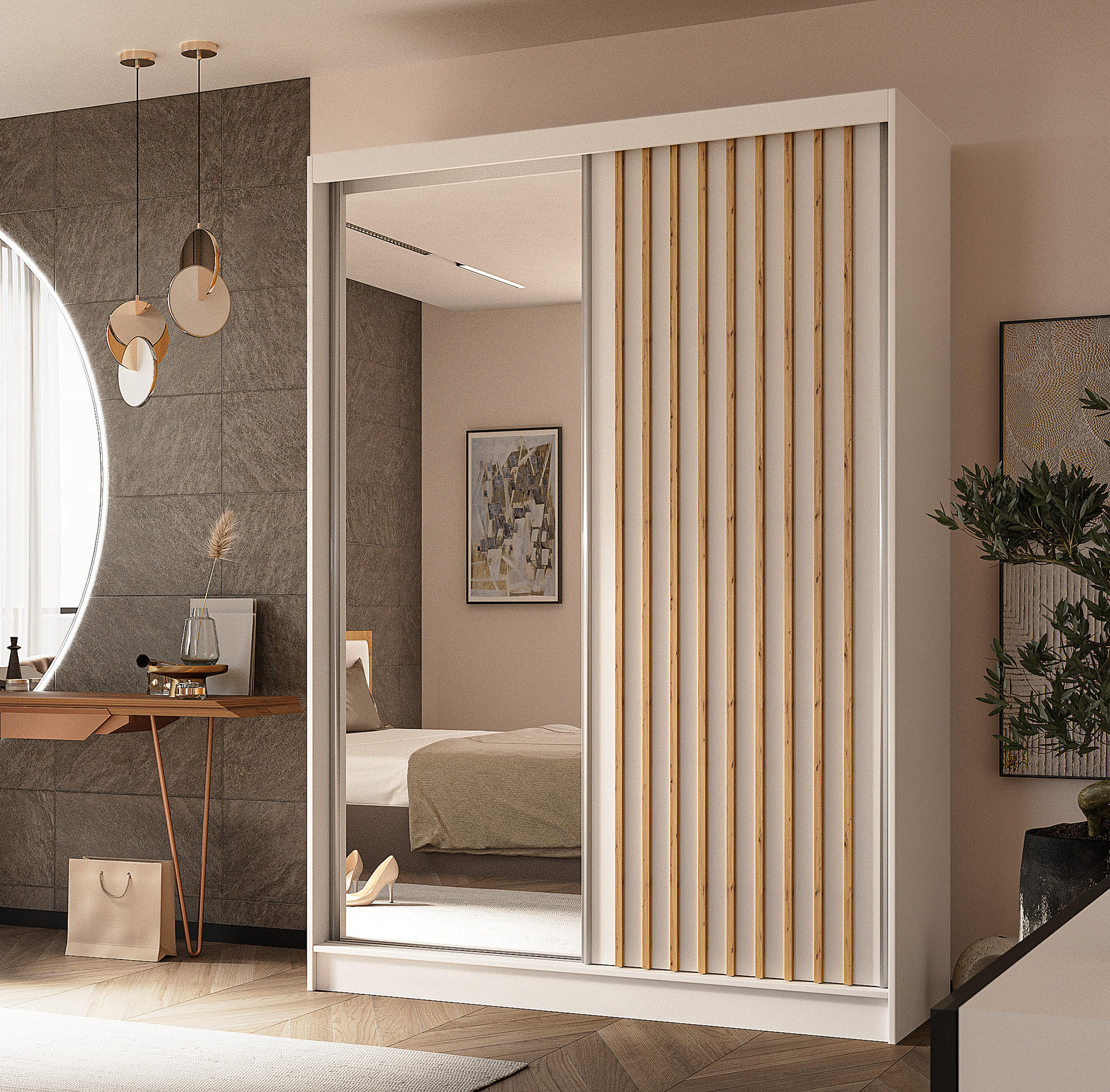 SCHWEBETÜRENSCHRANK Cabinio Weiß Eiche Artisan 150/216/61 cm – mit Spiegel und Lamellen - Walnussfarben/Weiß, Holzwerkstoff/Kunststoff (150/216/61cm) - AX Living