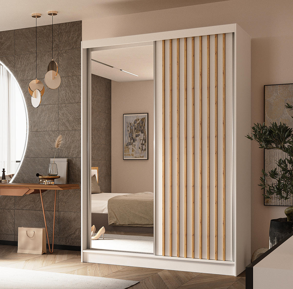 SCHWEBETÜRENSCHRANK Cabinio Weiß Eiche Artisan 150/216/61 cm – mit Spiegel und Lamellen - Walnussfarben/Weiß, Holzwerkstoff/Kunststoff (150/216/61cm) - AX Living