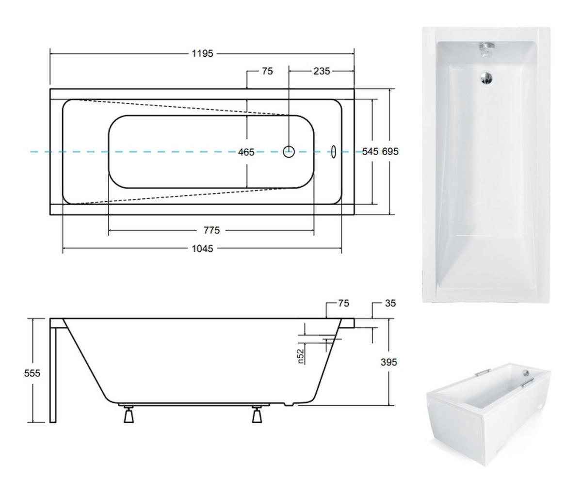 BADEWANNE Rechteck MODERN 120/70 + Styro + Kopfstütze Ablauf Füße - Weiß, Kunststoff (70/55.5/120cm) - bad land