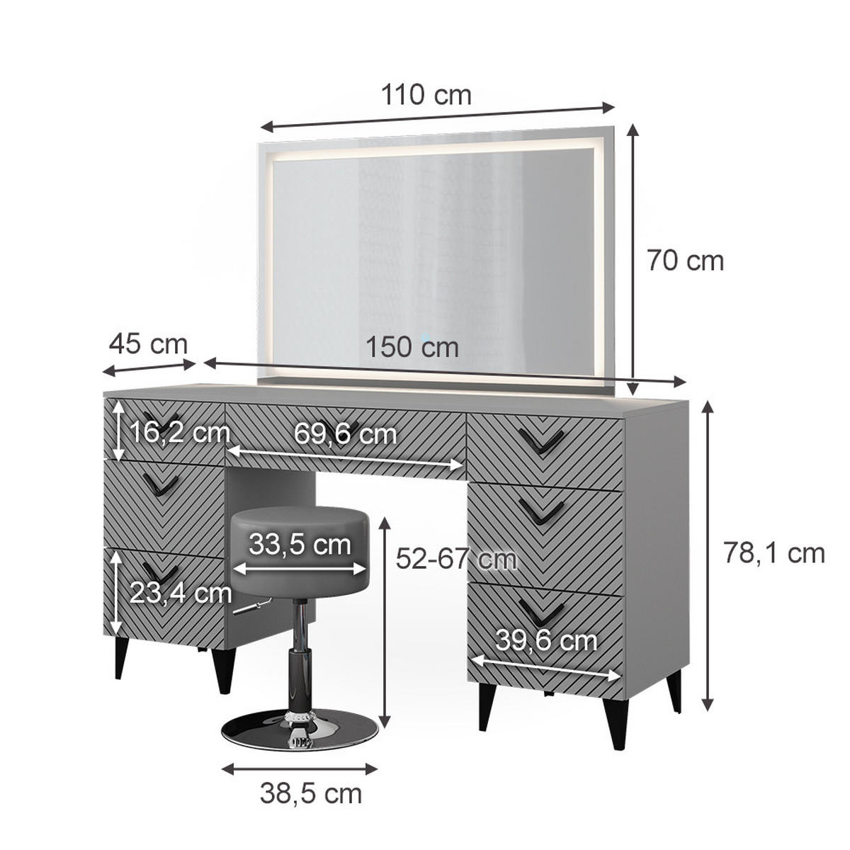 SCHMINKTISCH Anett Grau 150 cm mit LED Spiegel und Hocker - Grau, Holzwerkstoff (150/78.1/45cm) - Vicco