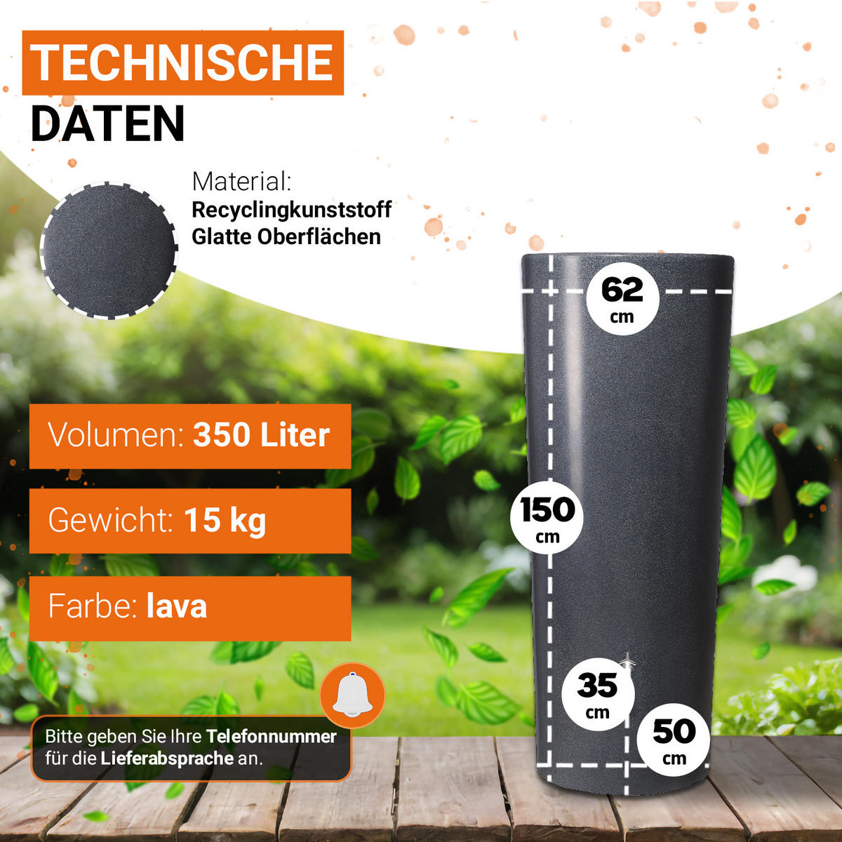 2IN1 Regentonne 350 L, lava inkl. Pflanzschale - Grau, Kunststoff (62/150/62cm) - GARANTIA