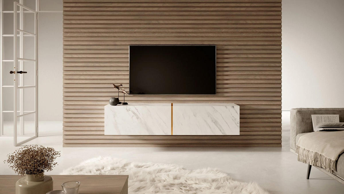 TV stolek Bisira bílý mramorový dekor Egger / zlatý 140/30/32 cm - bílá, kompozitní dřevo (140/30/31.6cm) - Selsey
