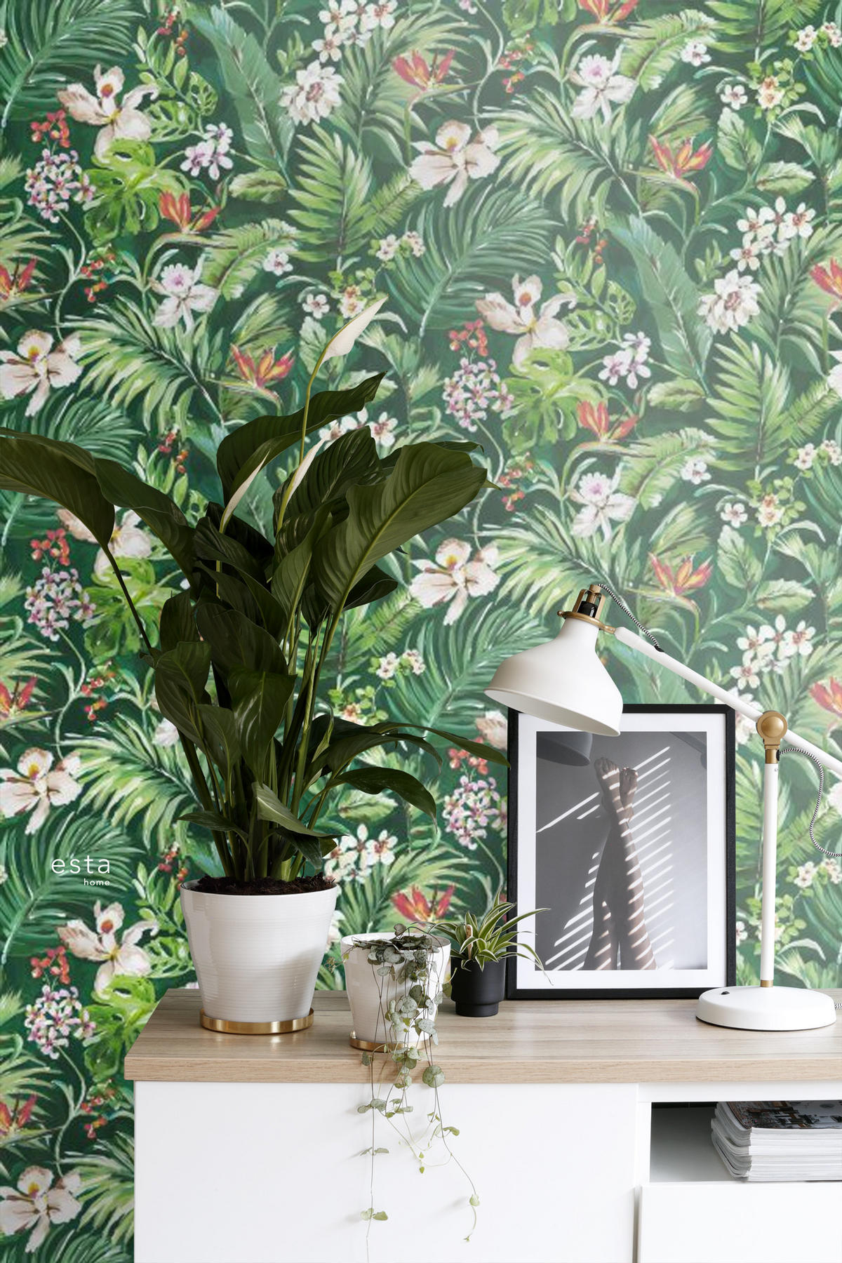 XXL-VLIESTAPETE tropische Blätter und Blüten 50 x 900 cm - Grün, Papier (50/900cm) - ESTAhome