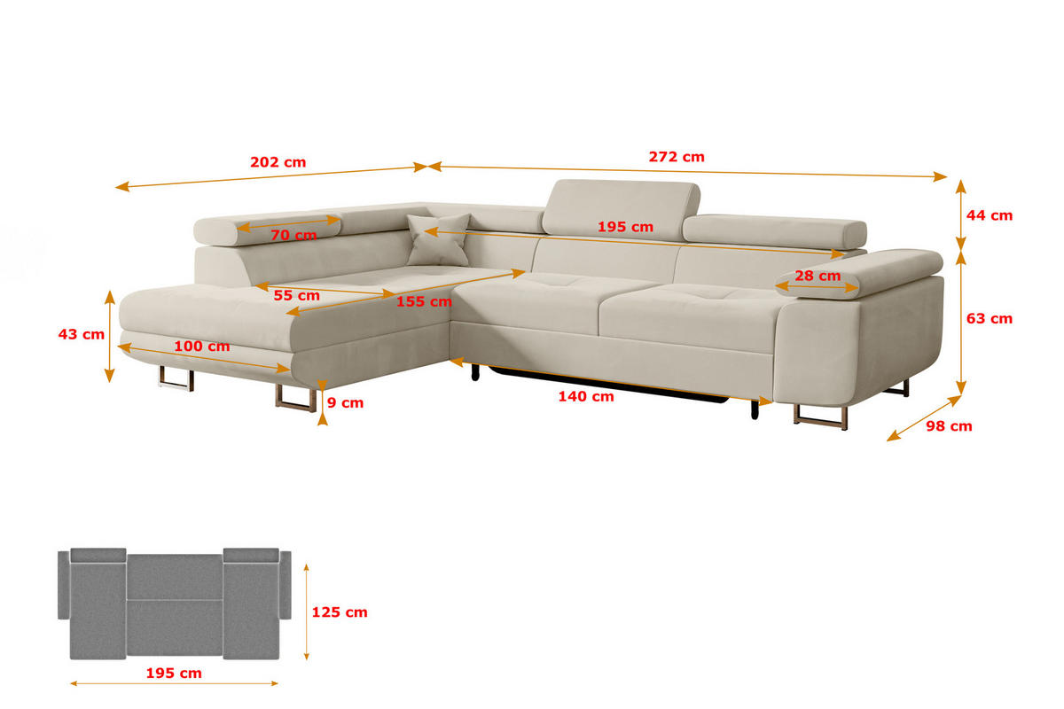 ECKSOFA mit Schlaffunktion und Bettkasten GUSA-L 272x202x107 cm Beige Velours - Beige/Silberfarben, Holzwerkstoff/Textil (202/272cm) - ALTDECOR