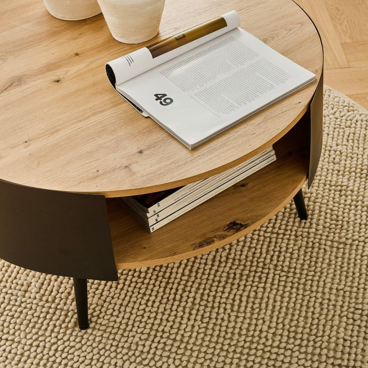 COUCHTISCH mit 2 Ebenen und schwarzen Metallseiten eklo 80/39/80 cm - Eichefarben, Holzwerkstoff (80/80/39cm) - Calicosy