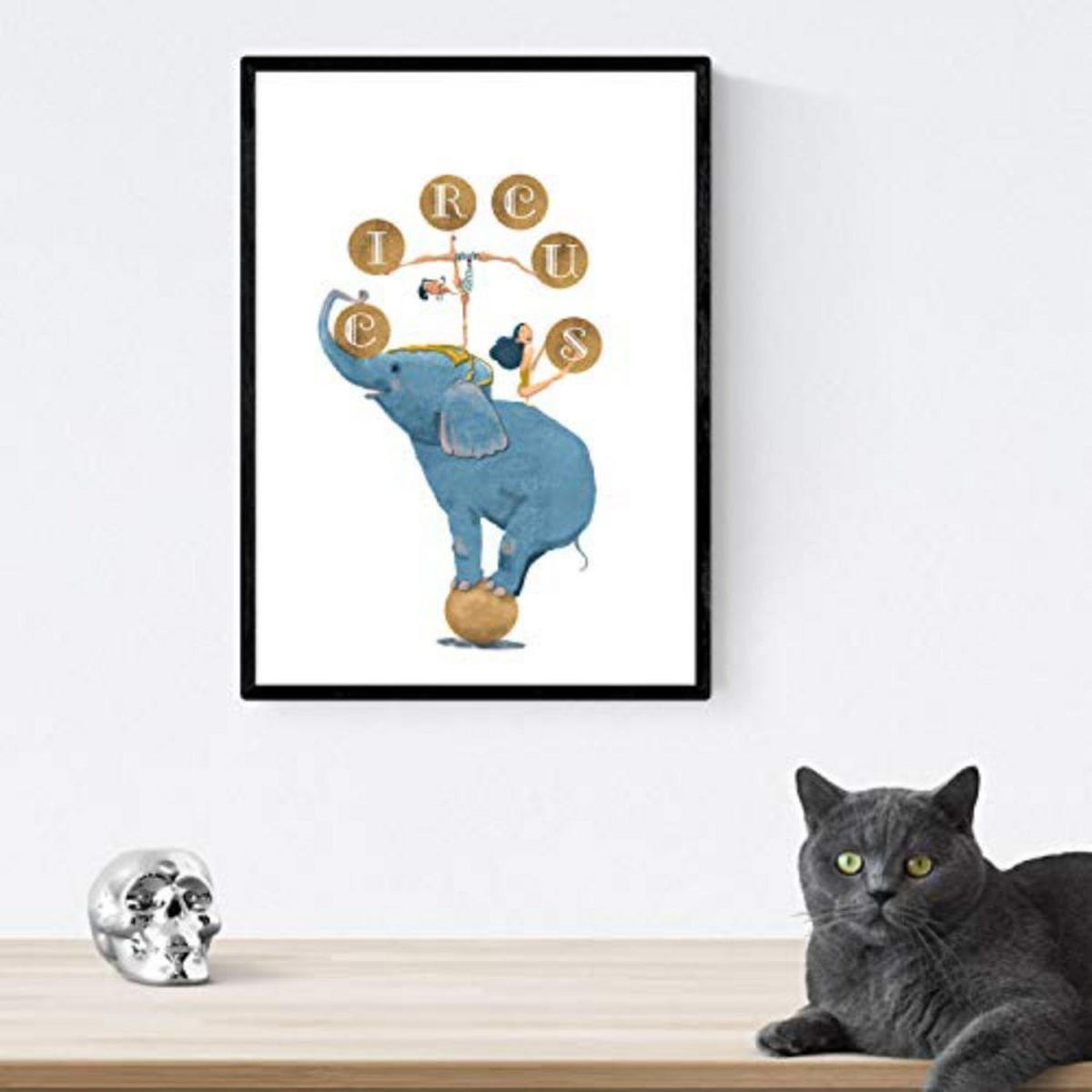 POSTER Set mit 4 Leon Acobata meditierend Bär Elefant Fahrrad und Zauberer A4 Schwarzer Rahmen - Schwarz, Papier (29.7/3cm) - Nacnic