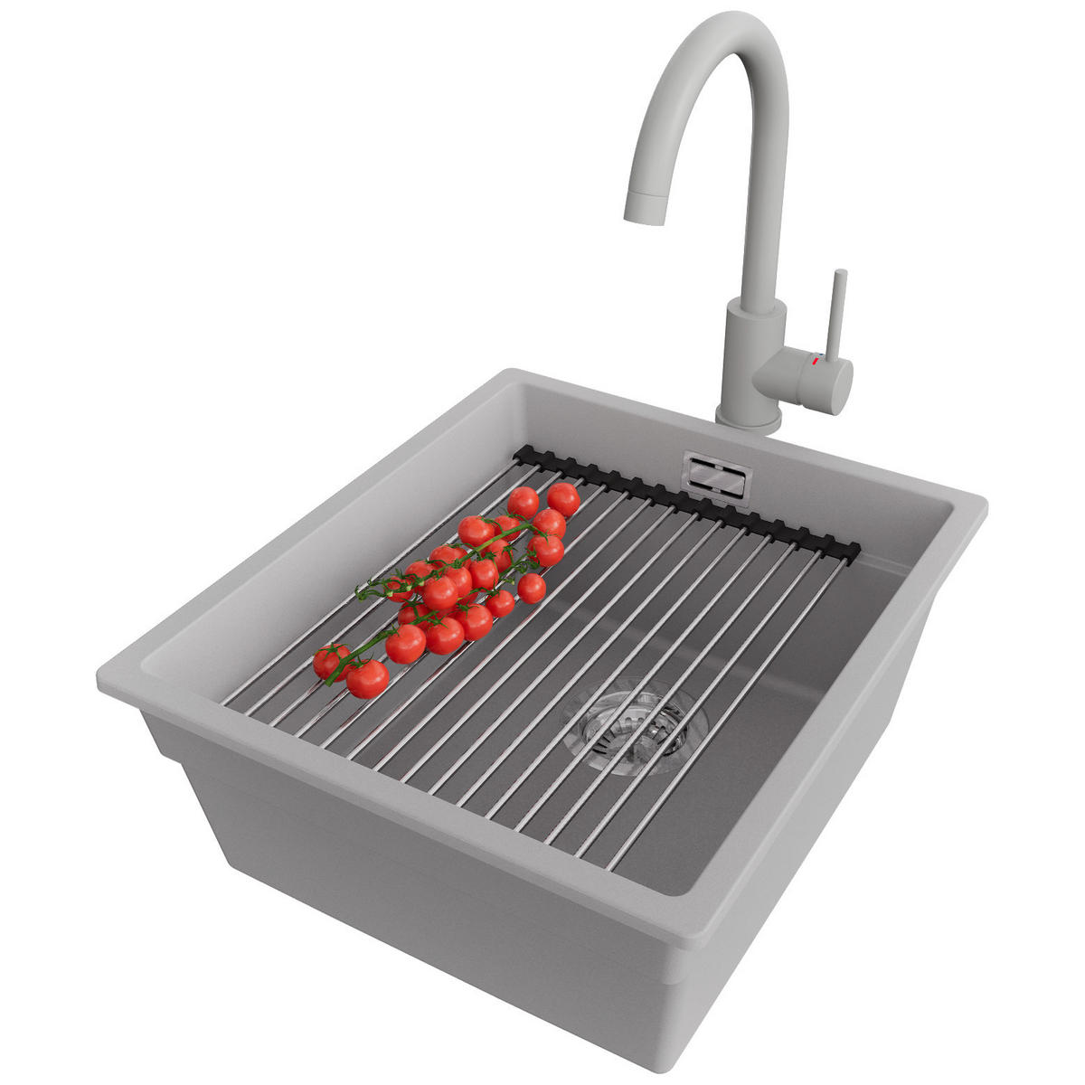 UNTERBAUSPÜLE GRANIT Praga, 2-er set Grau 41/47 cm 1 Becken + Küchenarmatur 32/20 cm + Ablauf-Set + Aufrollbare Abtropffläche ab 45er Unterschrank - Chromfarben/Grau, Kunststoff (41/20/47cm) - Primagran