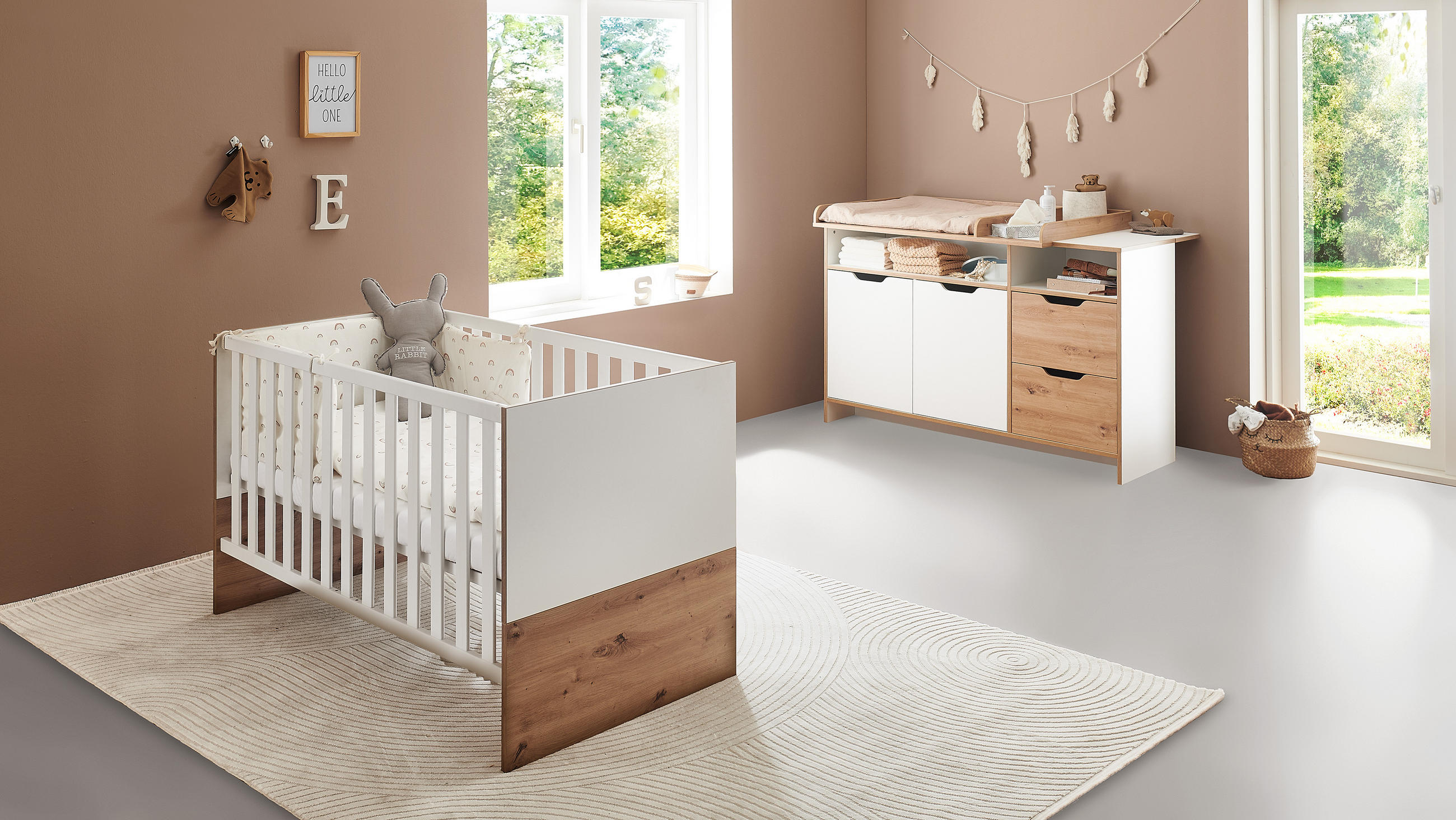 BABYZIMMER SET Maxim 2-tlg. Wickelkommode Babybett - Weiß/Eiche Artisan, Holzwerkstoff (1/1/1cm) - arthur berndt