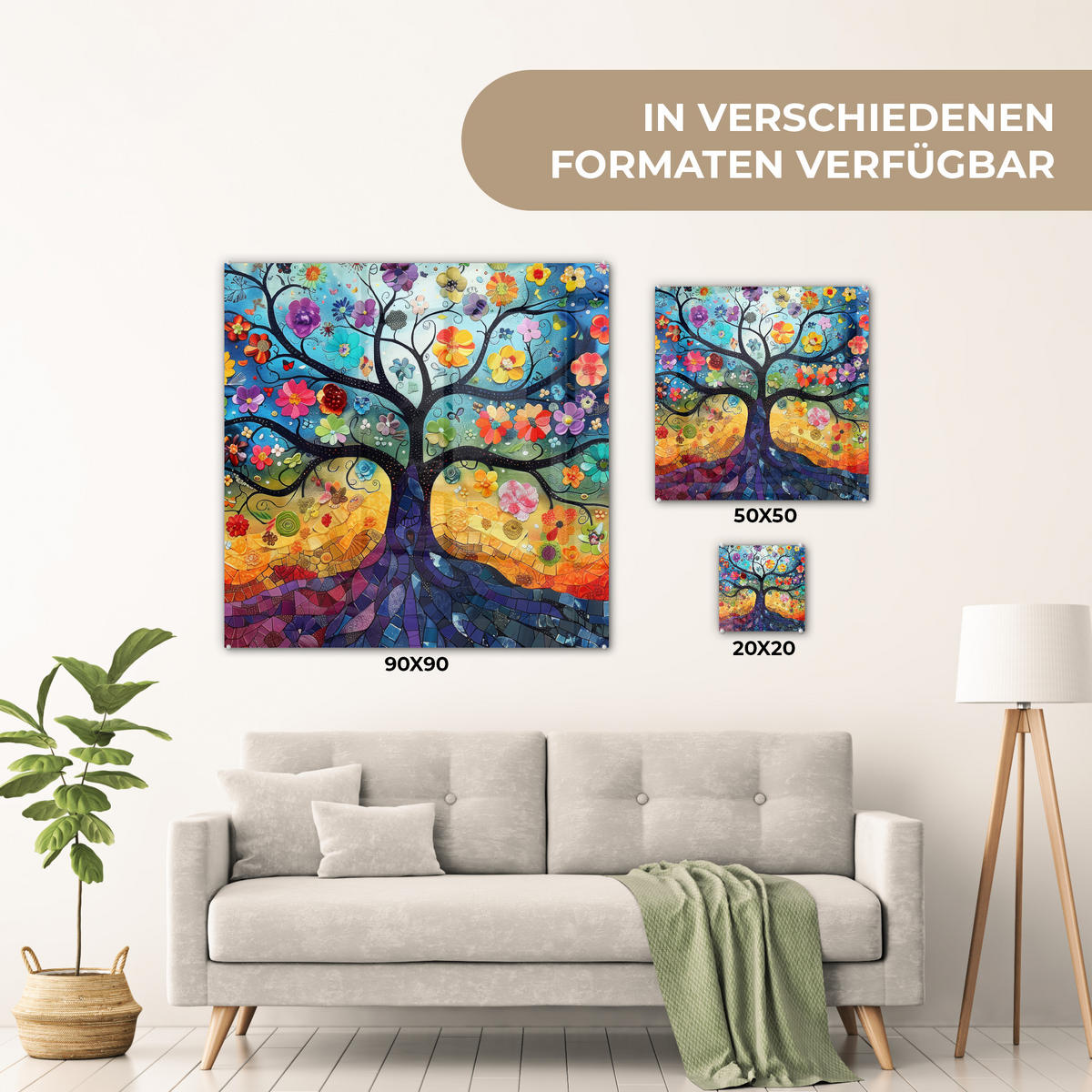 OBRAZ NA AKRYLOVOM SKLE Umenie - Strom života - Kvety - Hippie 50x50 cm - tmavomodrá, sklo (50/50cm) - MuchoWow