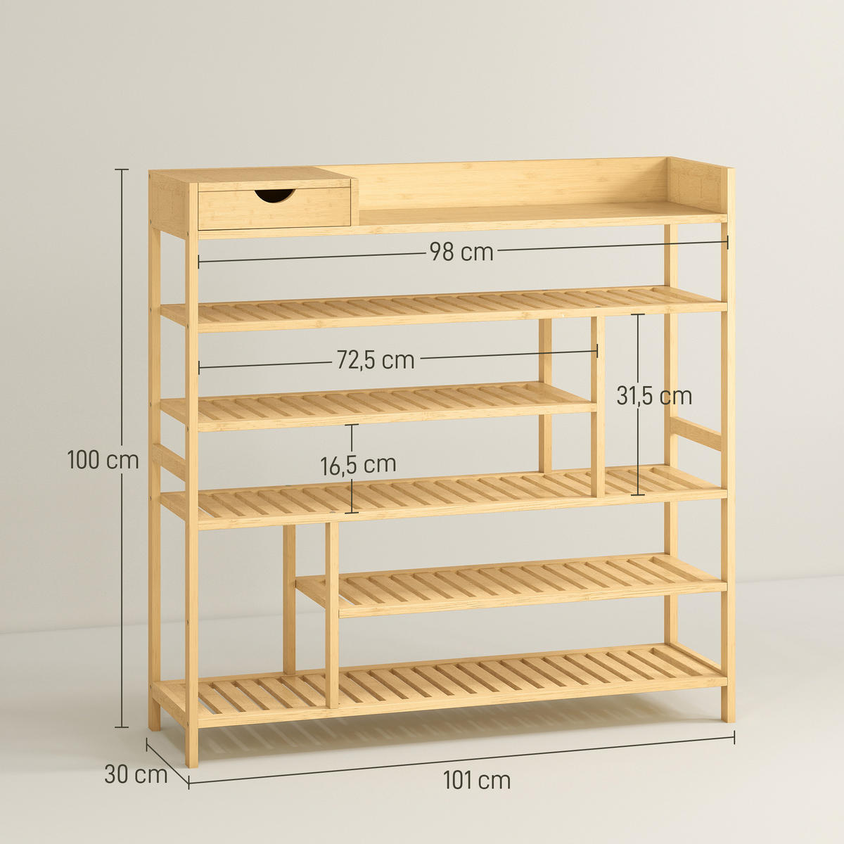 SCHUHREGAL, Schuhständer mit 6 Ebenen, Schublade für max. 18 Paar, Bambus - Naturfarben, Holz/Bambusholz (30/100/101cm) - HOMCOM