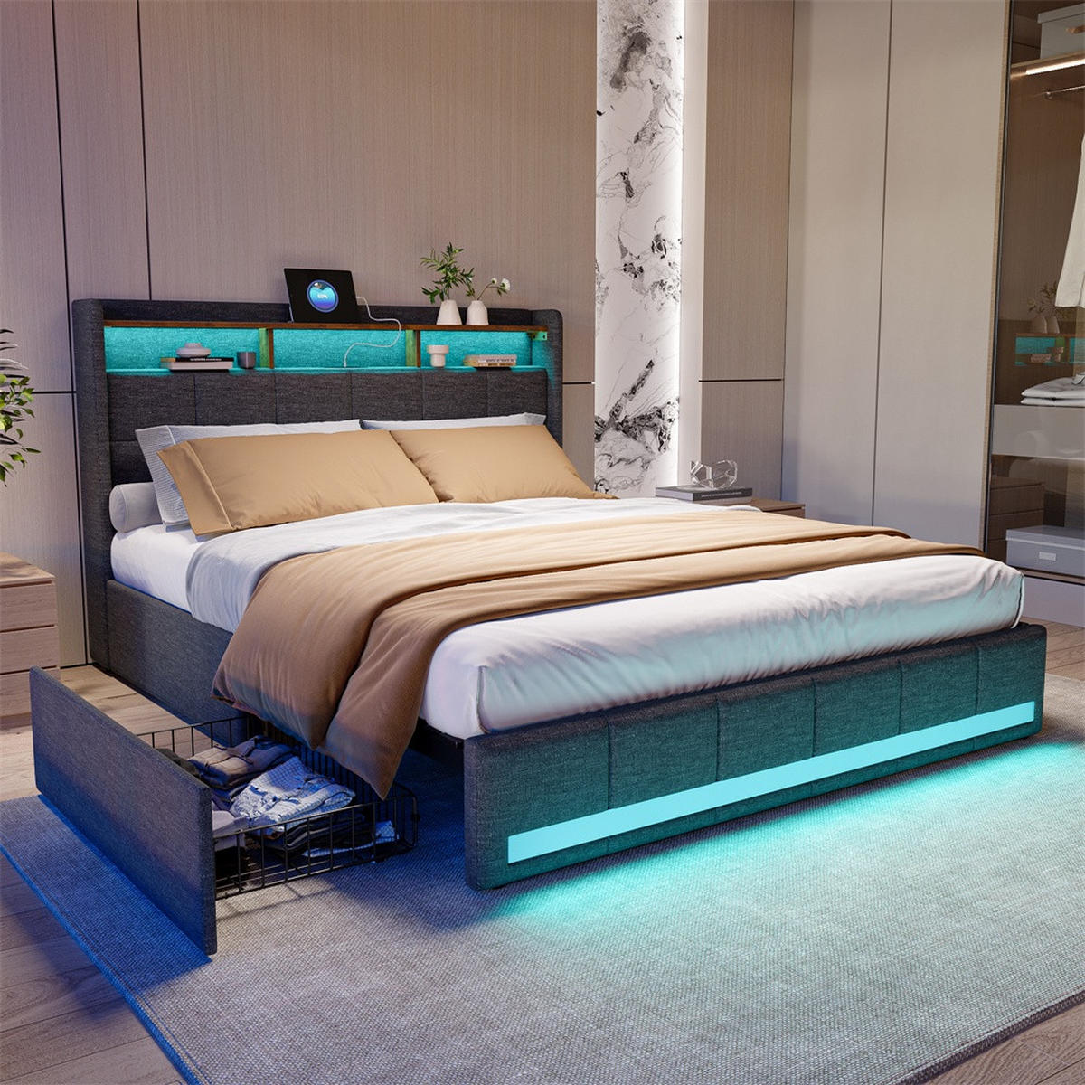 POLSTERBETT 140x200cm - Doppelbett mit 4 Schubladen - RGB-LED-Beleuchtung Ladestation - ohne Matratze - Grau - Grau, Textil (140/200cm) - DELFA
