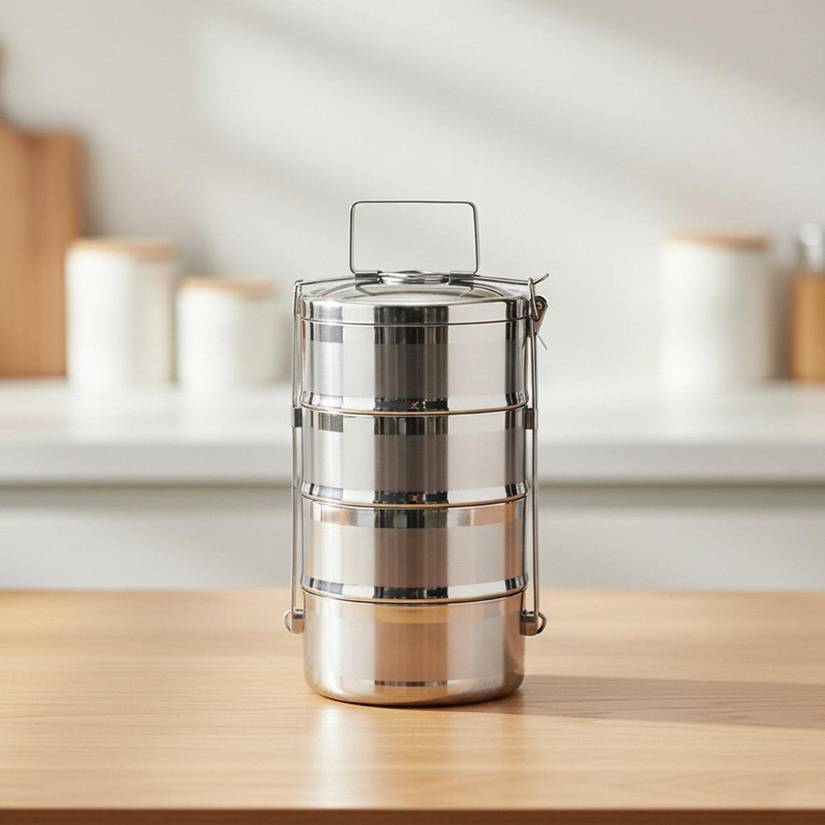 THERMISCHE LUNCHBOX aus Stahl 4-stöckig 4 x 1,1 l - Silberfarben, Metall (16/36/16cm) - Orion 