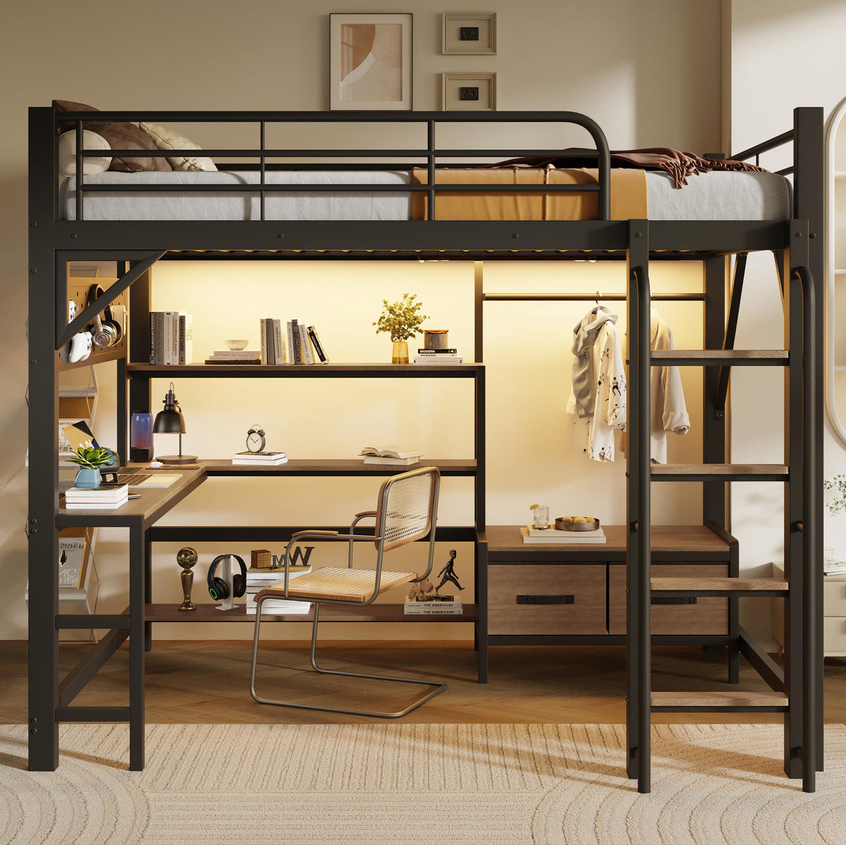 HOCHBETT aus Metall und MDF 140x200 cm Schwarz mit Schreibtisch, LED-Lichtleiste, USB und Stauraum - Schwarz, Holzwerkstoff (140/200cm) - Modfu